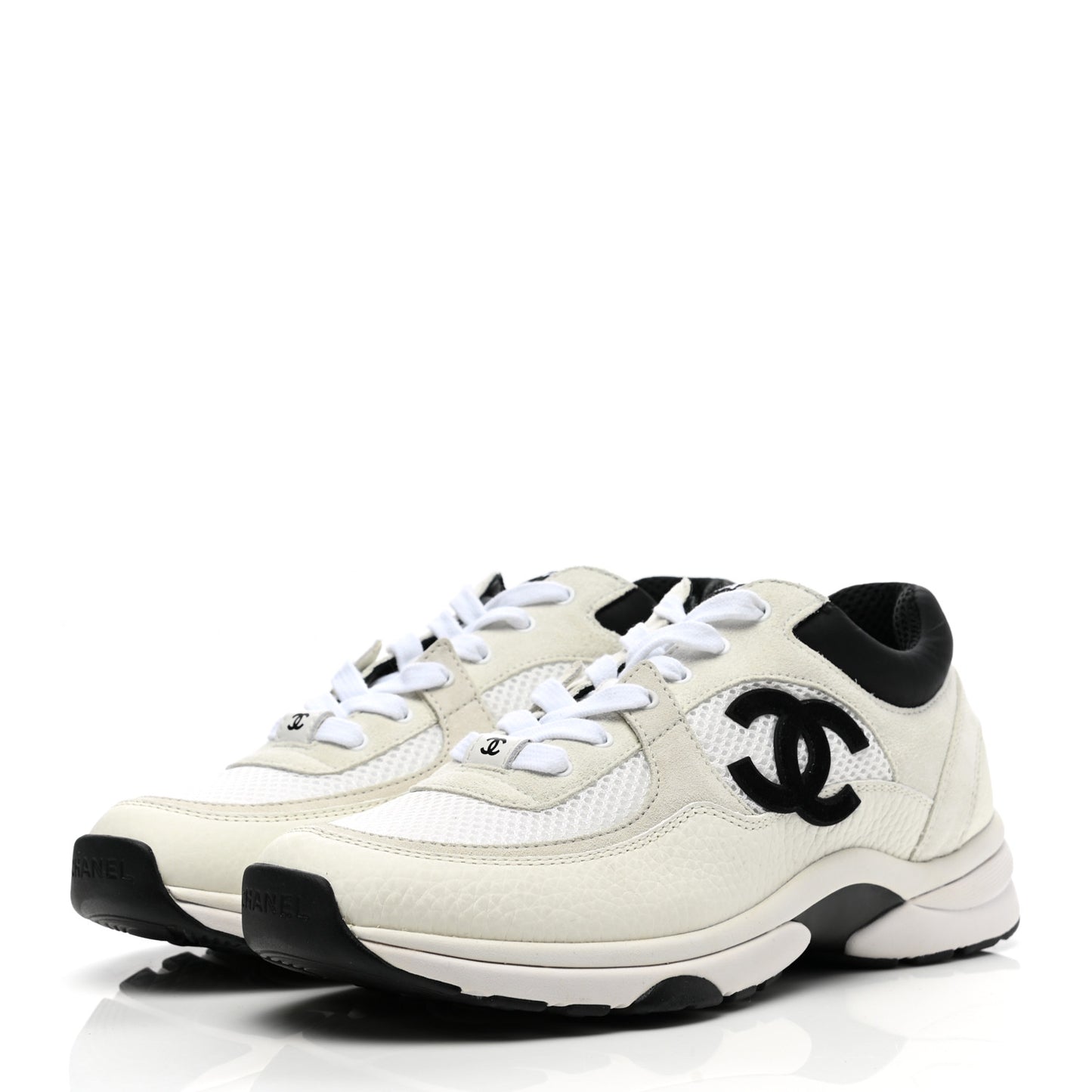 Mesh Suede Calfskin Grained Calfskin Womens CC Sneakers 38.5 White Black