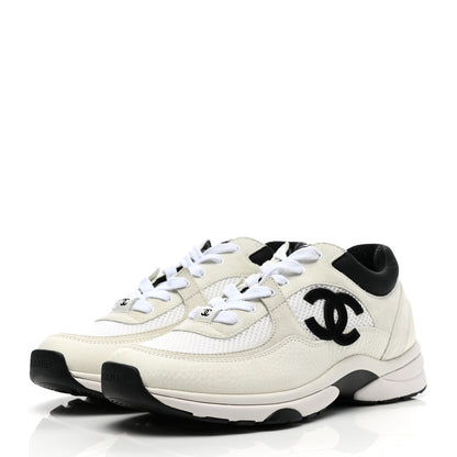 Chanel Mesh Suede Calfskin Grained Calfskin Womens CC Sneakers 38.5 White Black 3 of 9