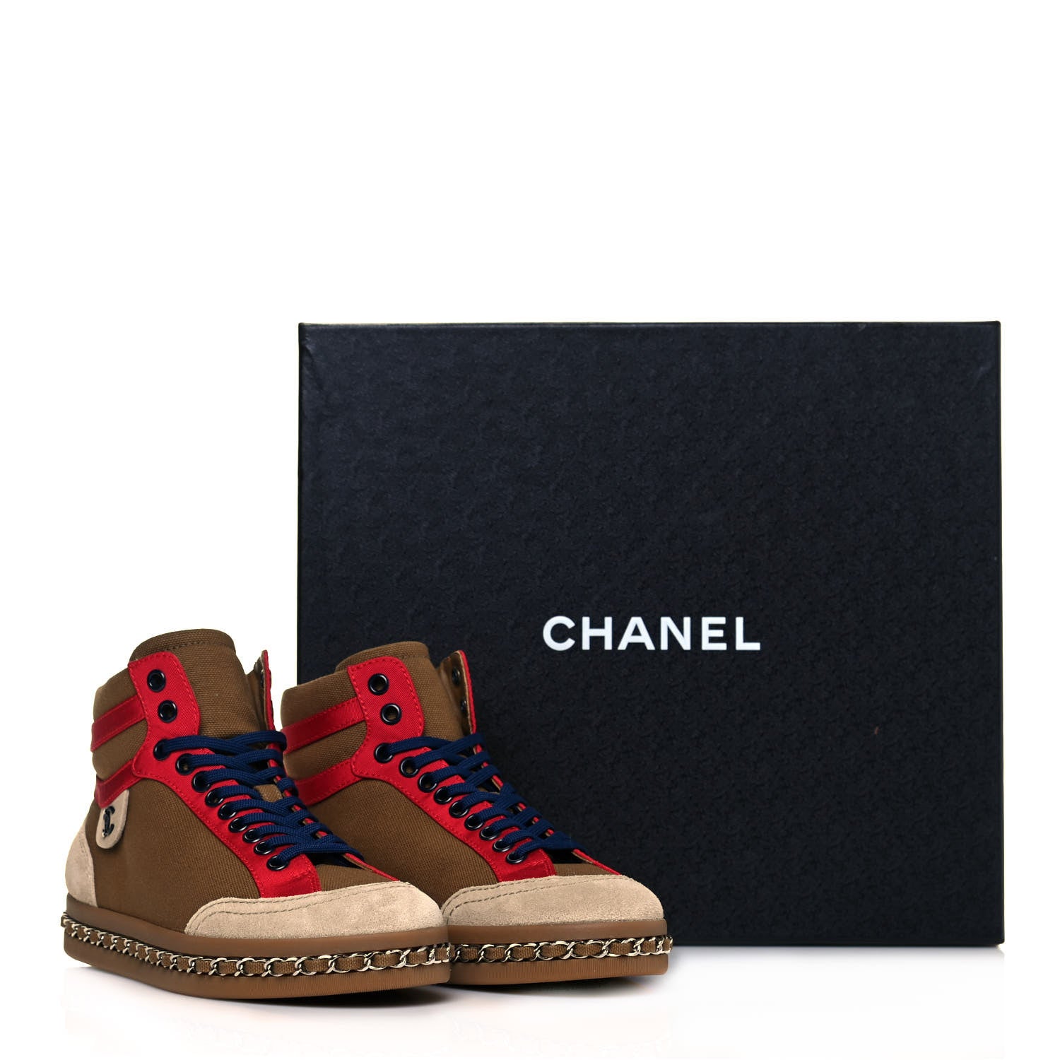 Chanel Suede Calfskin Canvas Grosgrain High Top Chain CC Sneakers 35 Brown Red 7 of 7