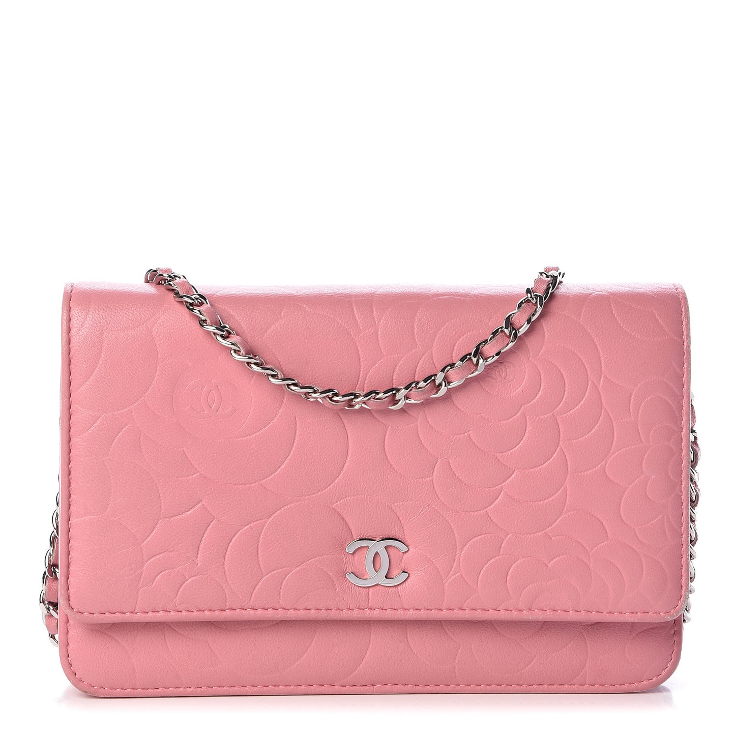 Lambskin Camellia Embossed Wallet On Chain WOC Pink