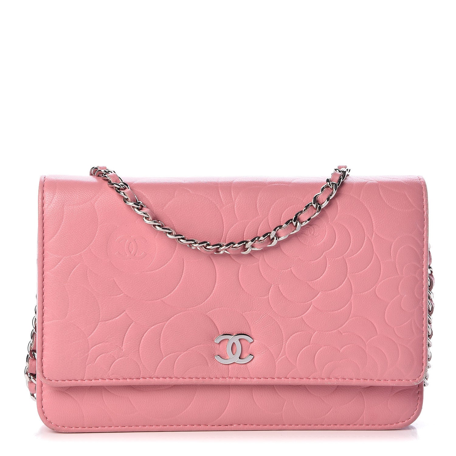 Chanel Lambskin Camellia Embossed Wallet On Chain WOC Pink 1 of 16