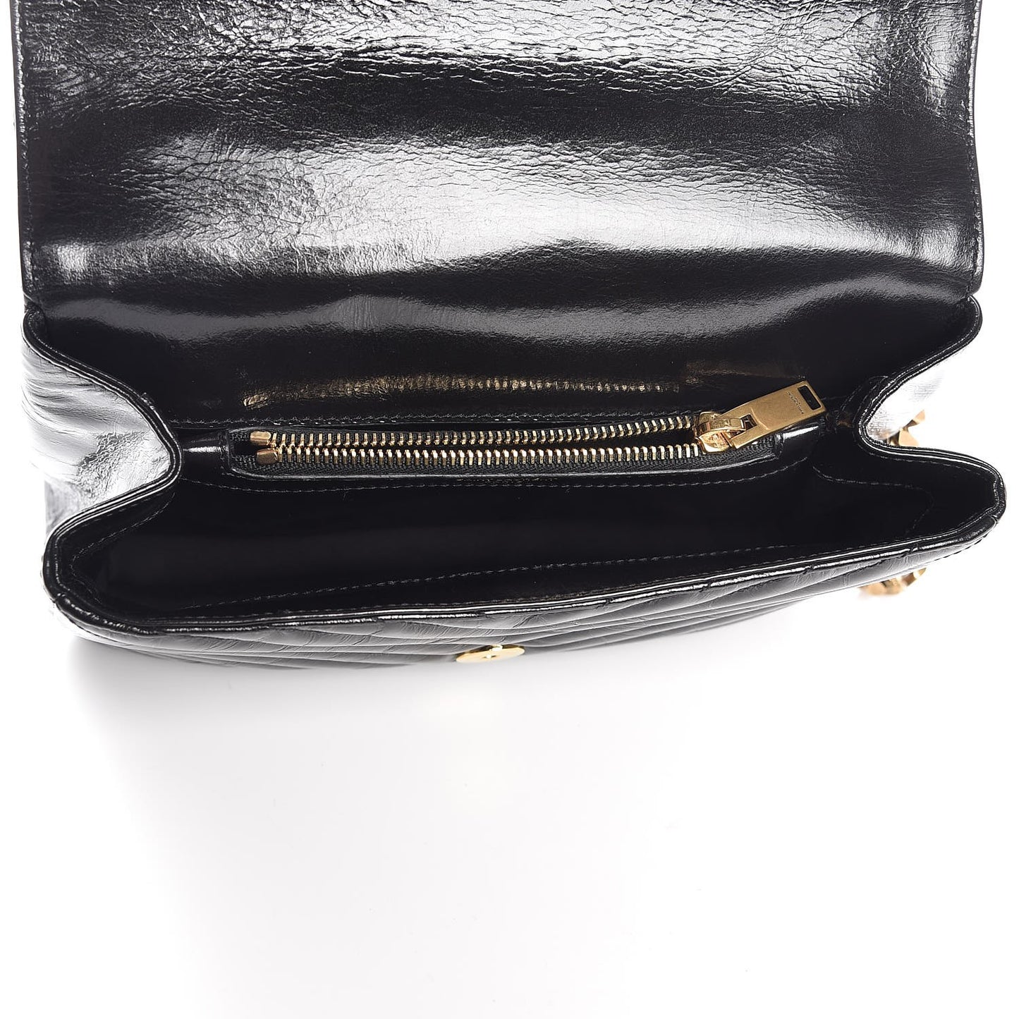 Cracked Shiny Calfskin Matelasse Chevron Monogram Medium College Bag Black