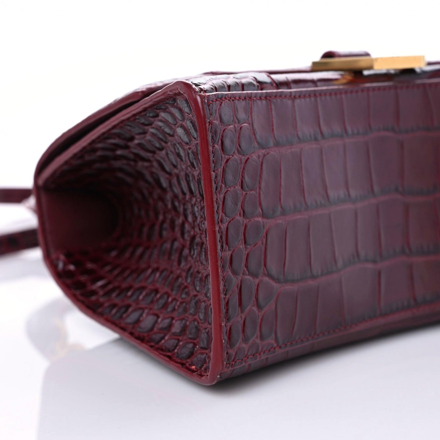 Shiny Calfskin Crocodile Embossed Small Hourglass Top Handle Bag Dark Red