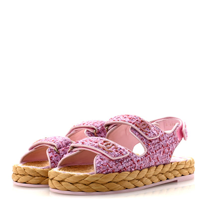Chanel Tweed Patent Calfskin Velcro Dad Sandals 38.5 Light Purple Pink Red 4 of 11