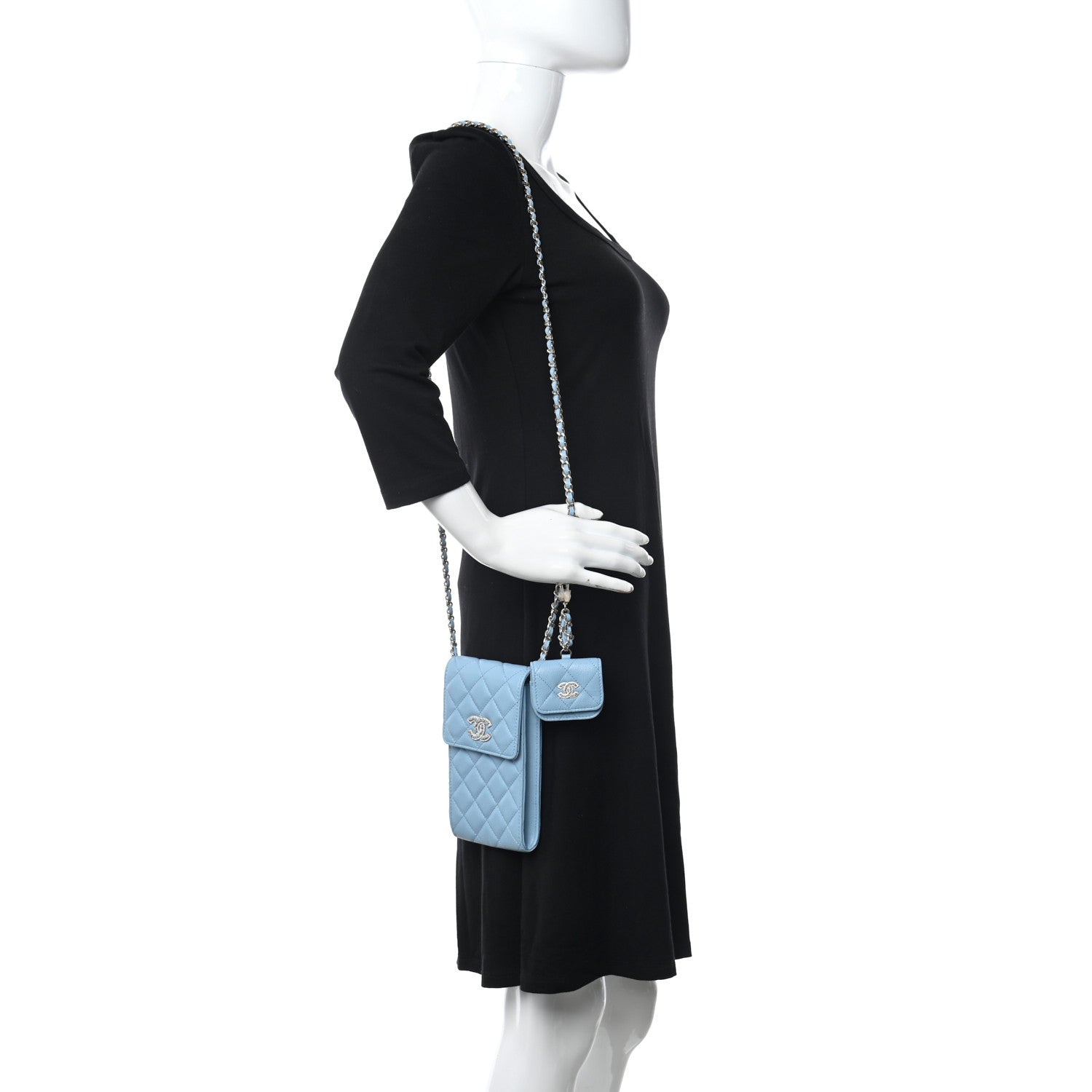 Chanel Caviar Quilted Crystal CC Airpods Pro and Phone Case With Chain Light Blue 2 of 11