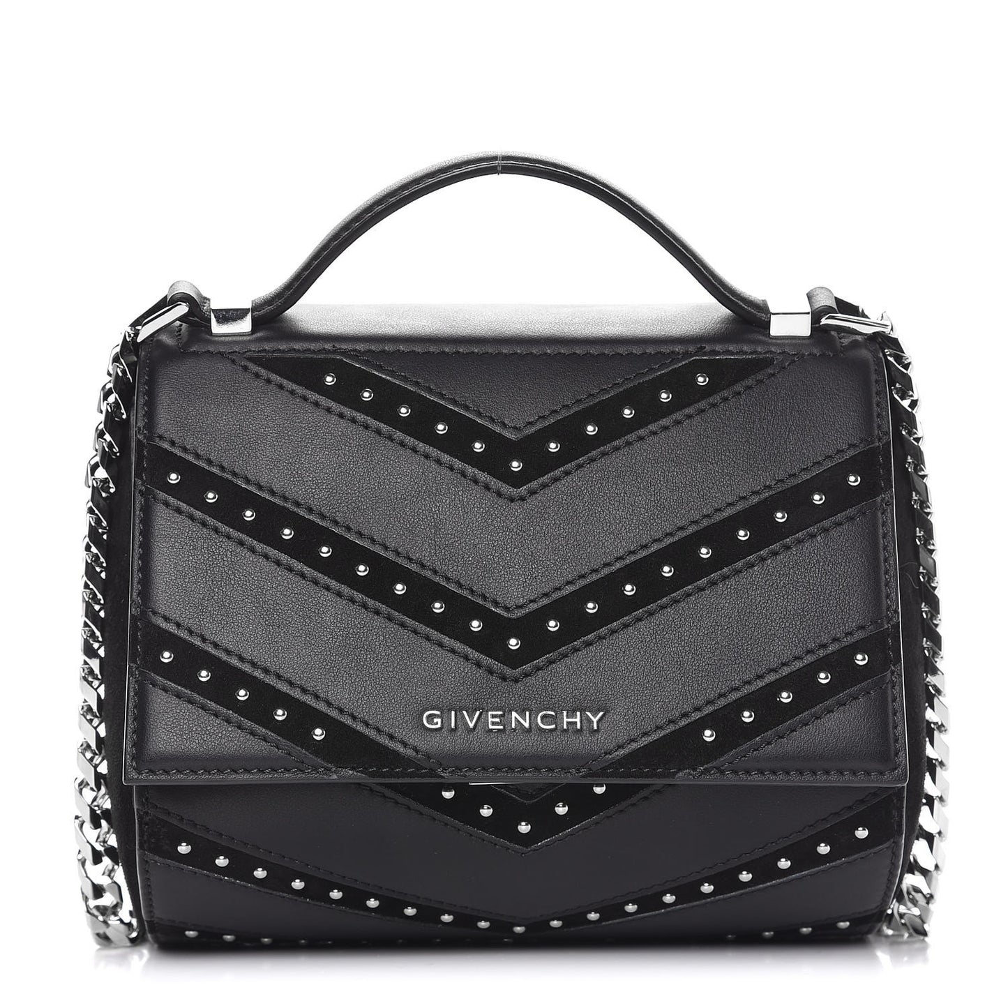 Calfskin Suede Mini Studded Chevron Pandora Box Crossbody Bag Black