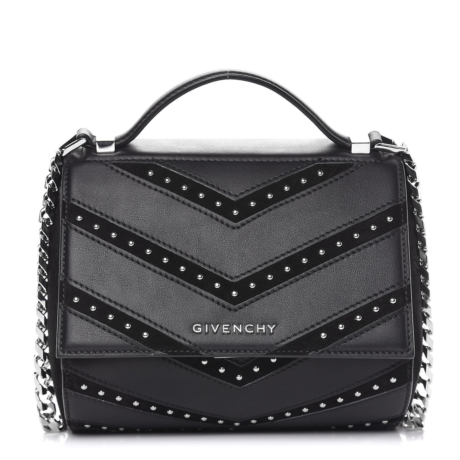 Givenchy Calfskin Suede Mini Studded Chevron Pandora Box Crossbody Bag Black 1 of 7