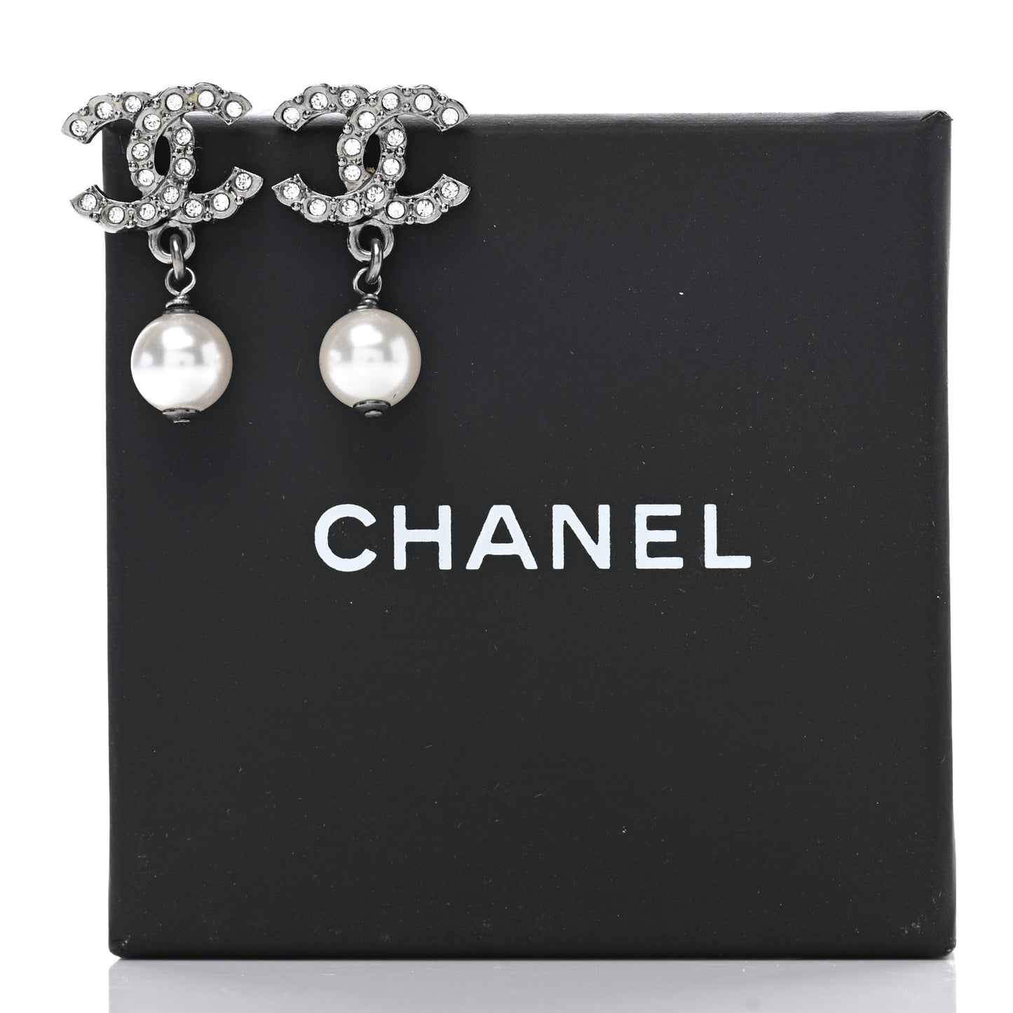 Crystal Pearl CC Drop Earrings Ruthenium