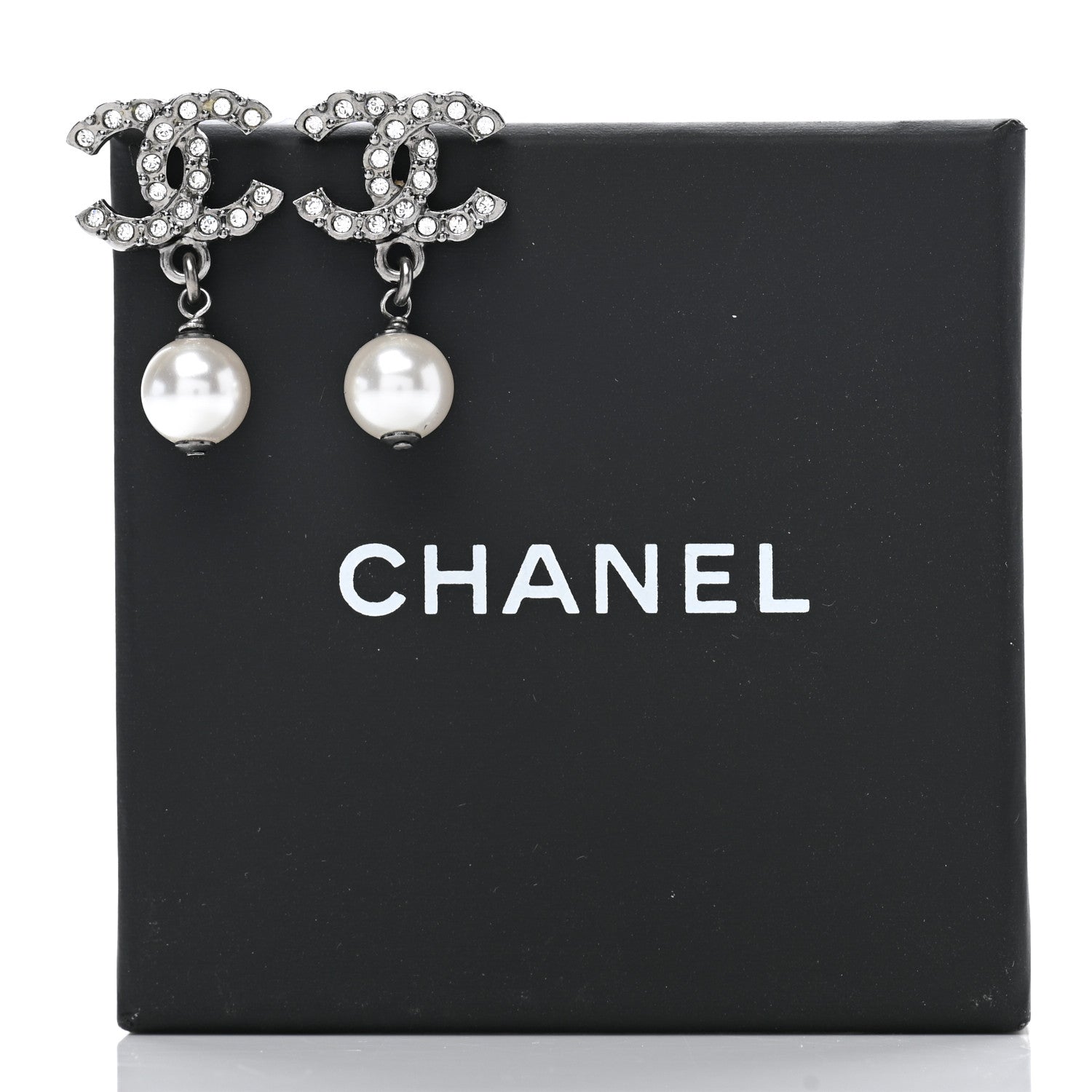 Chanel Crystal Pearl CC Drop Earrings Ruthenium 5 of 5