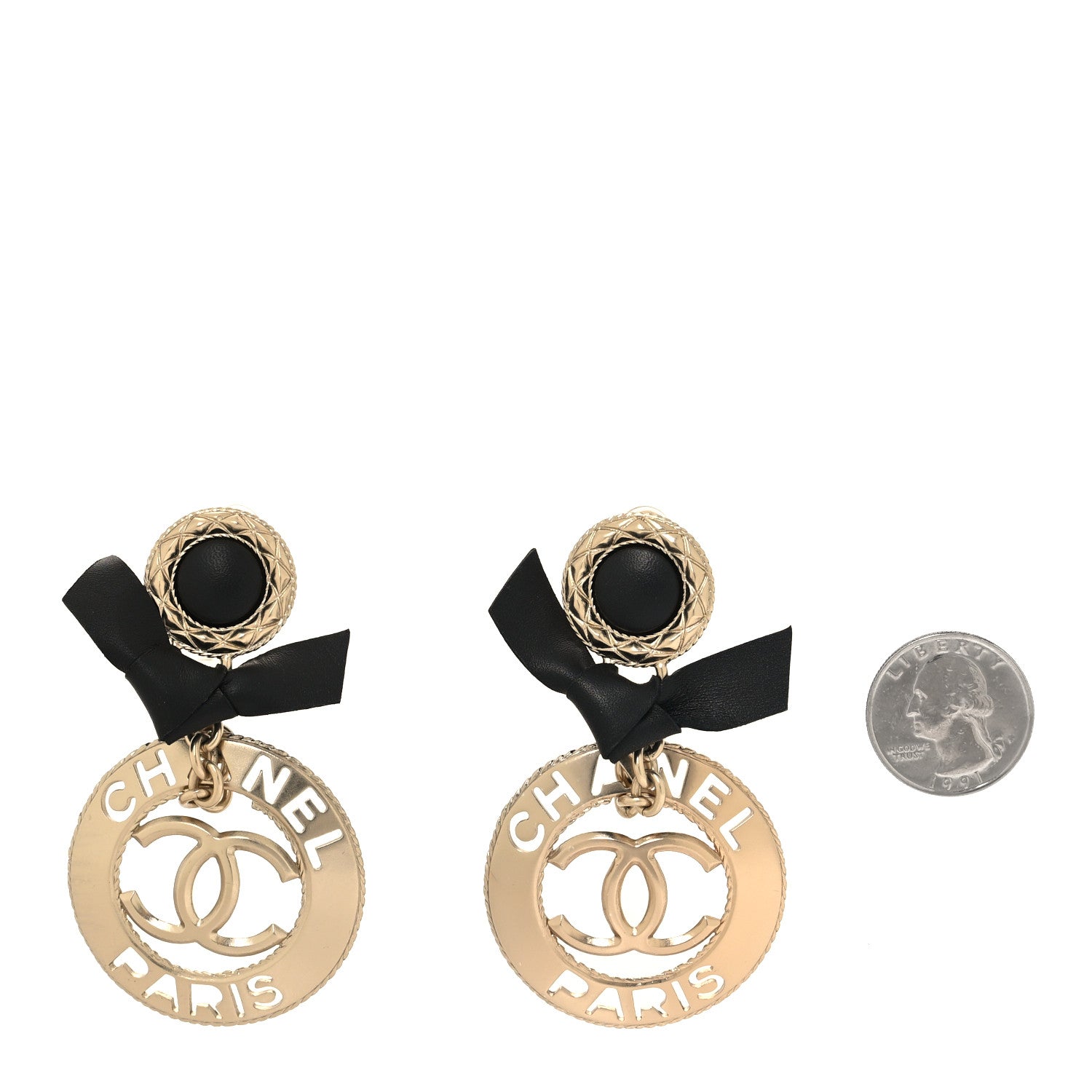 Chanel Lambskin Logo Drop Clip On Earrings Gold Black 2 of 4