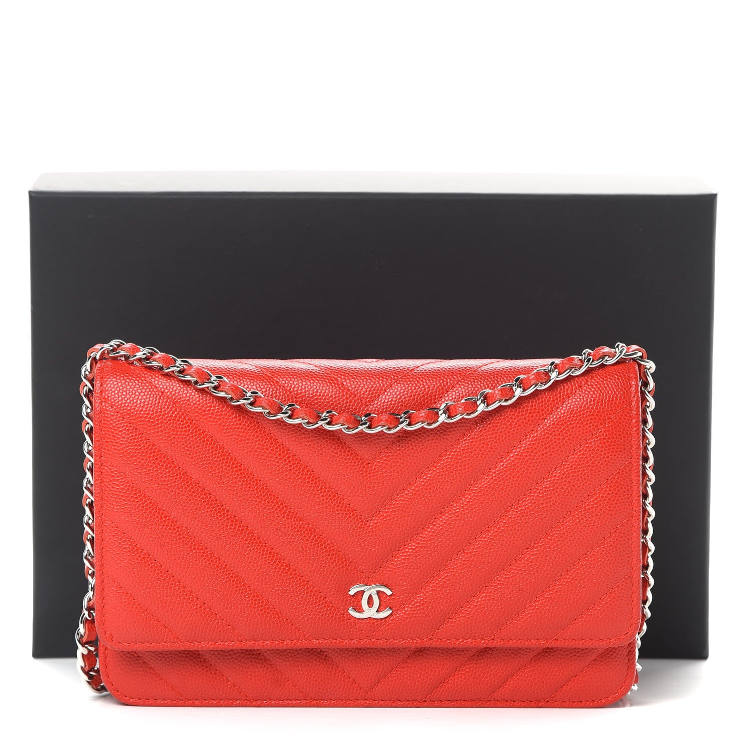 Chanel Caviar Chevron Quilted Wallet On Chain WOC Red 14 of 14