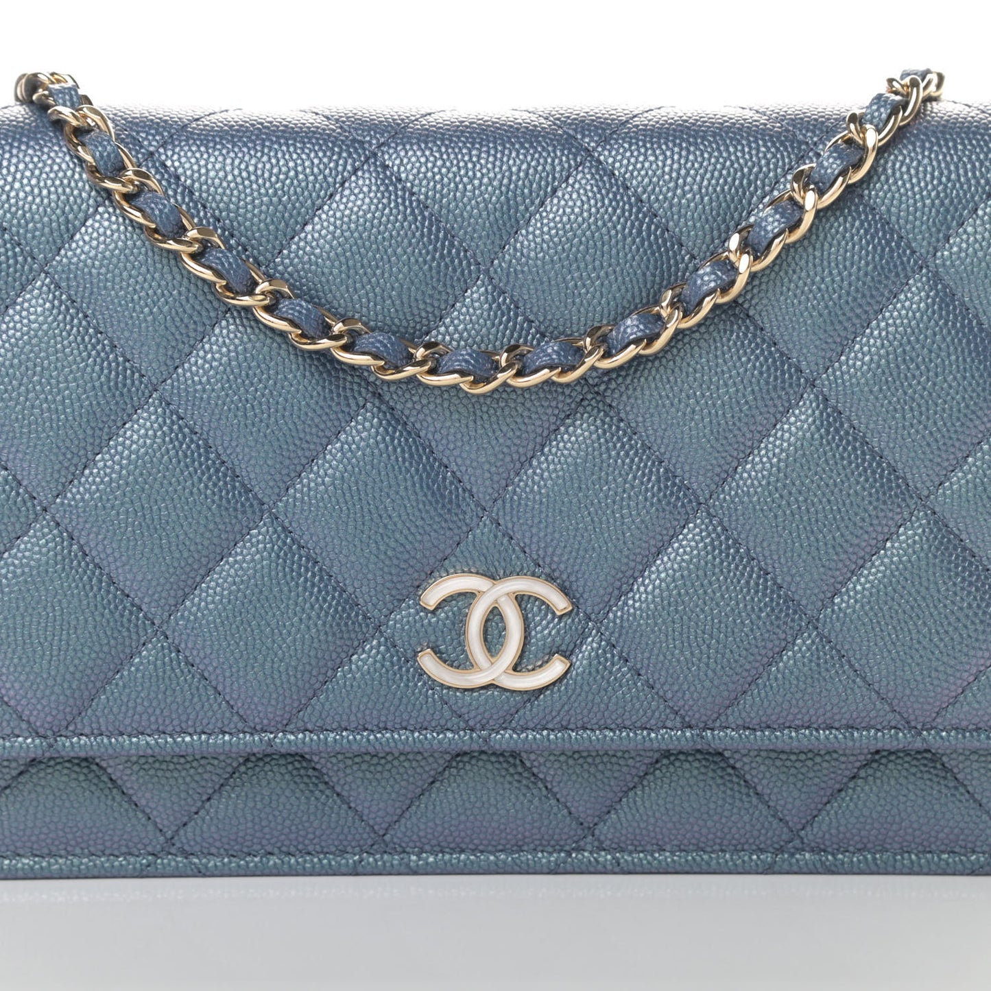 Iridescent Caviar Quilted Wallet On Chain WOC Dark Blue
