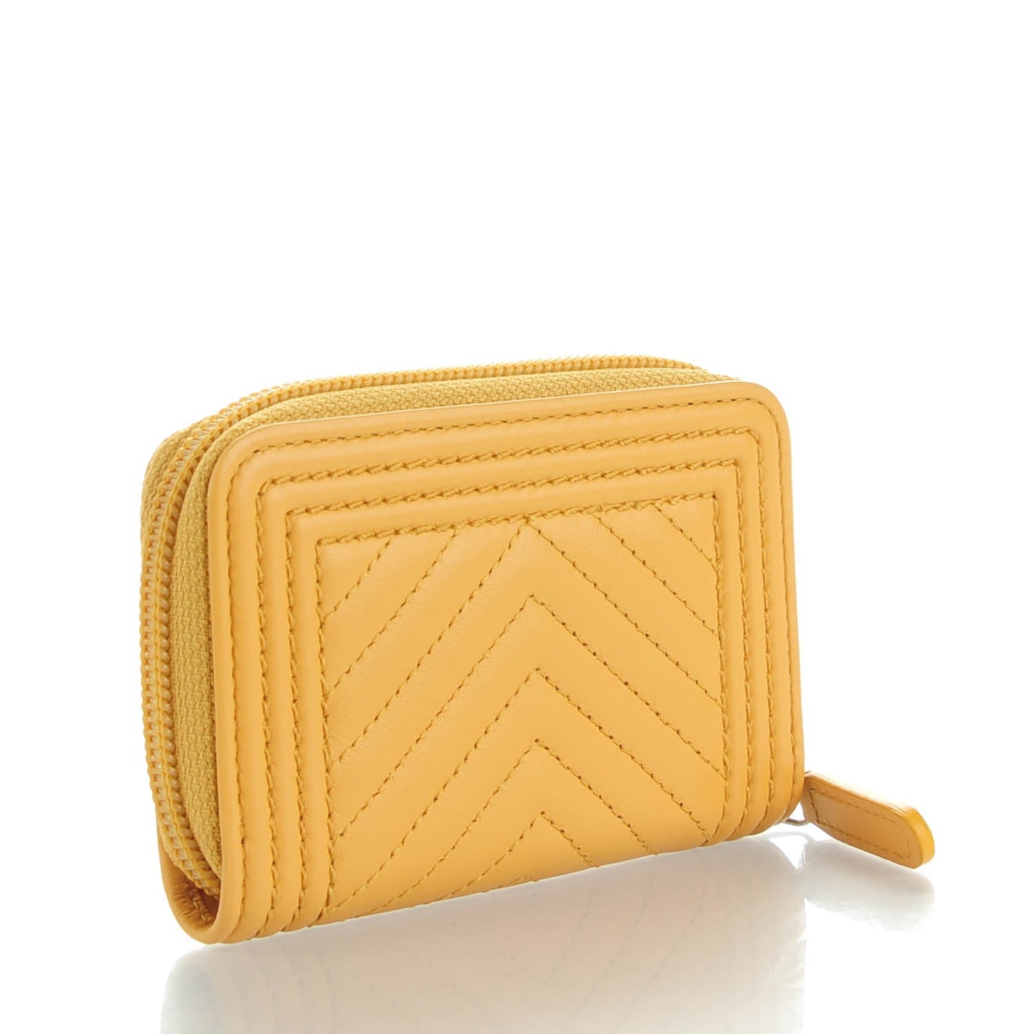 Chanel Calfskin Chevron Quilted Zip Around Boy Coin Purse Wallet Yellow 3 of 7