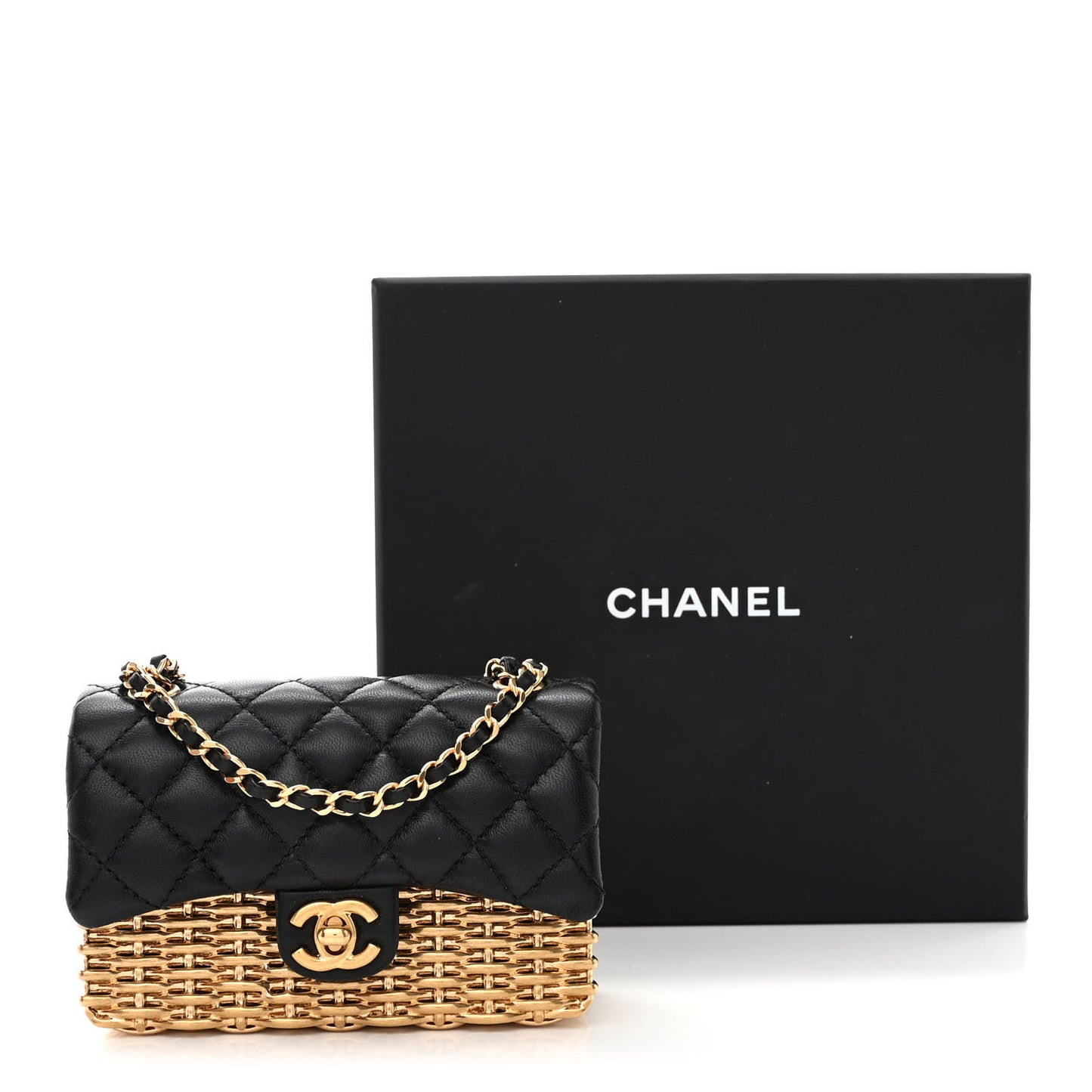 Woven Metal Lambskin Quilted Small Flap Black Gold