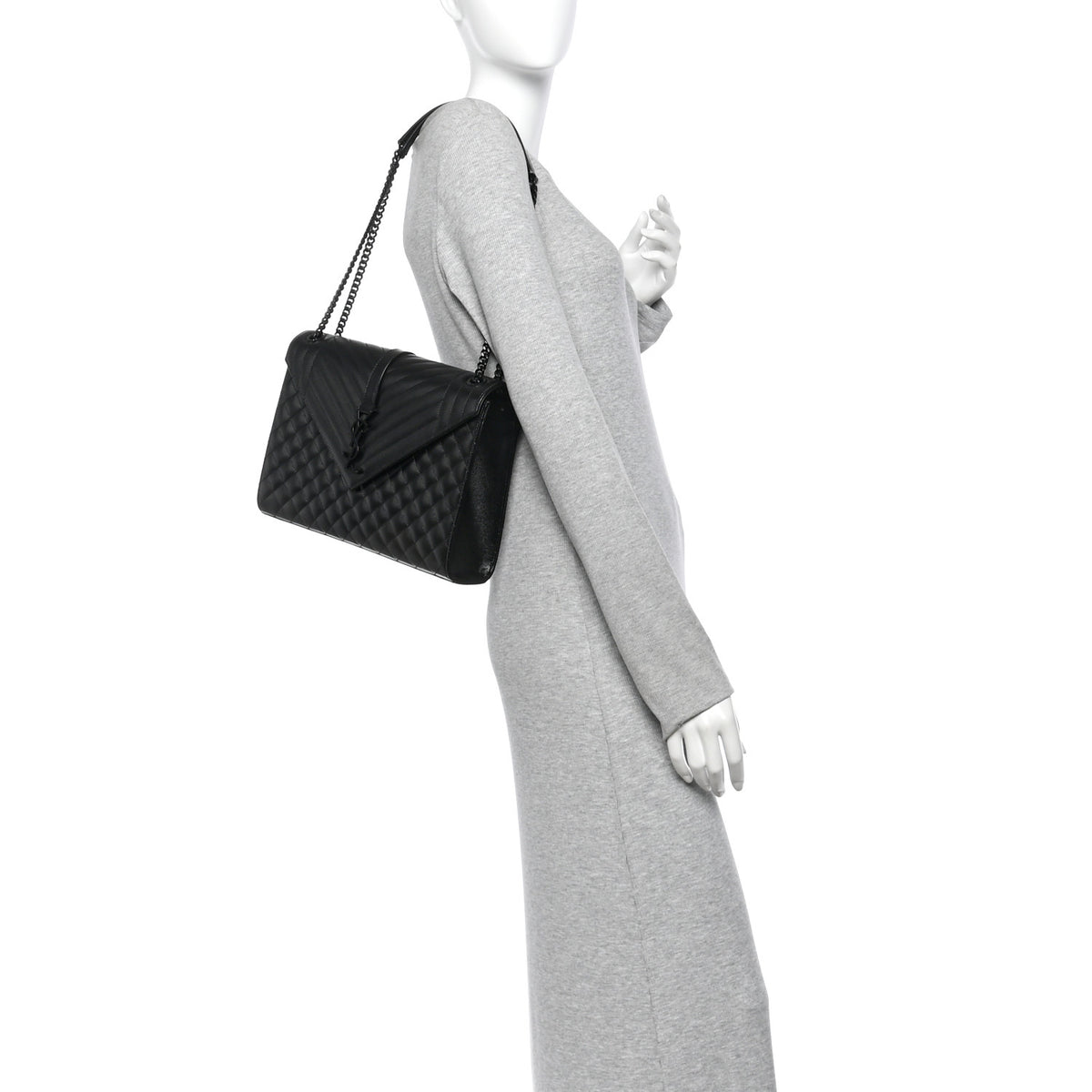 Saint Laurent Grain De Poudre Textured Mixed Matelasse Large Triquilt Monogram Monochrome Satchel Black 2 of 13