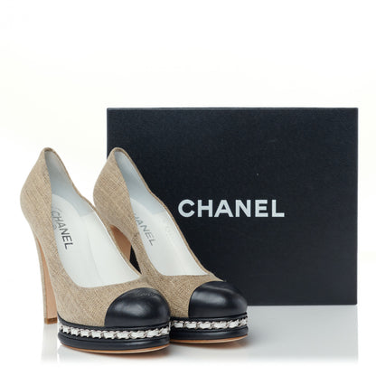 Chanel Linen Lambskin CC Chain Cap Toe Platform Pumps 39.5 Beige Fonce Black 9 of 9
