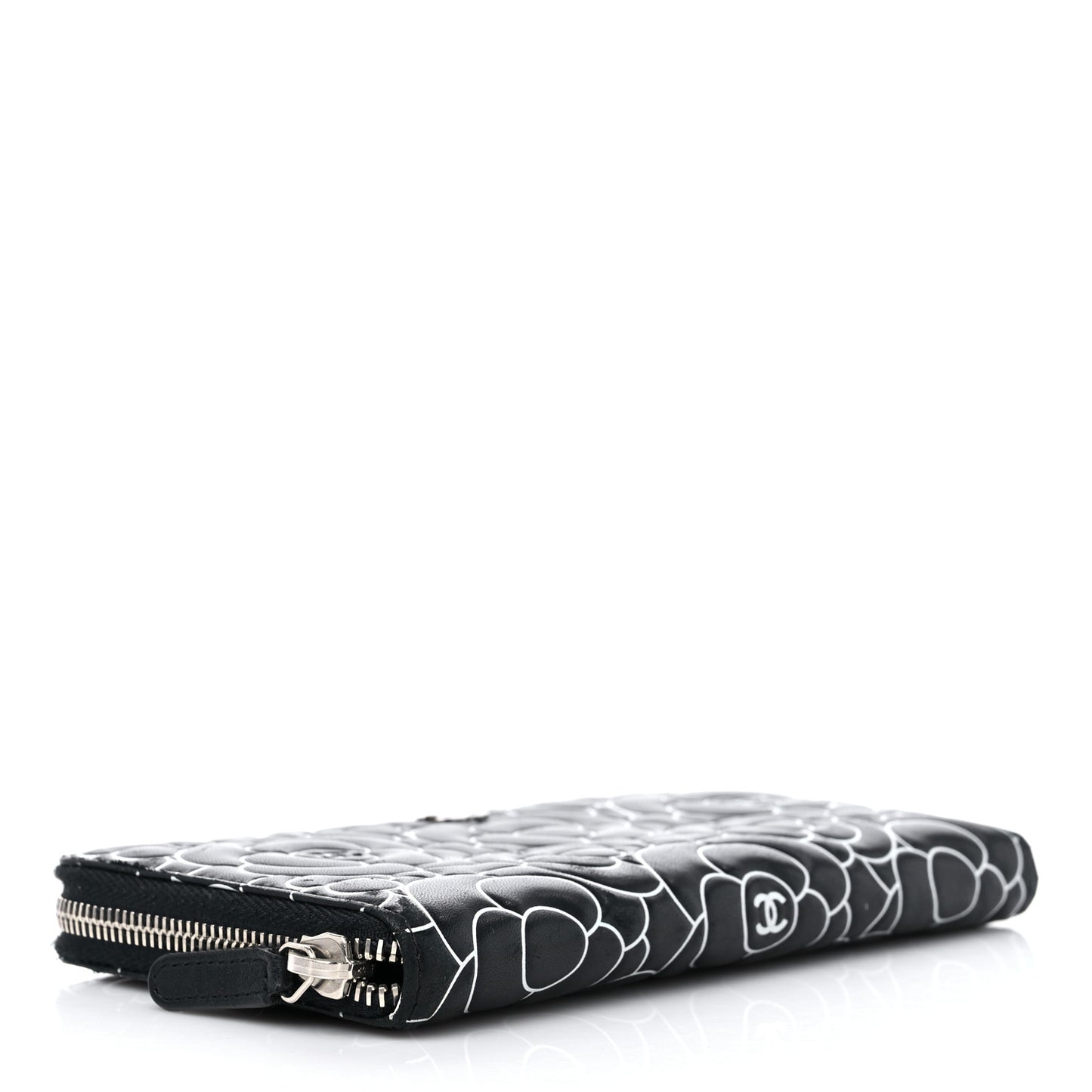 Lambskin Camellia Embossed Large Zip Around Gusset Wallet Black White