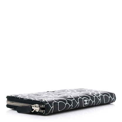 Chanel Lambskin Camellia Embossed Large Zip Around Gusset Wallet Black White 4 of 18