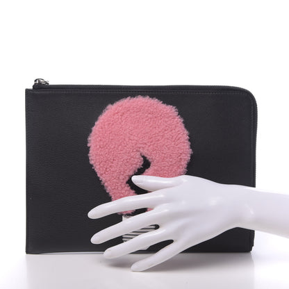Fendi Vitello Dolce Shearling Lightbulb Zip Around Pouch Black Bubblegum 2 of 8