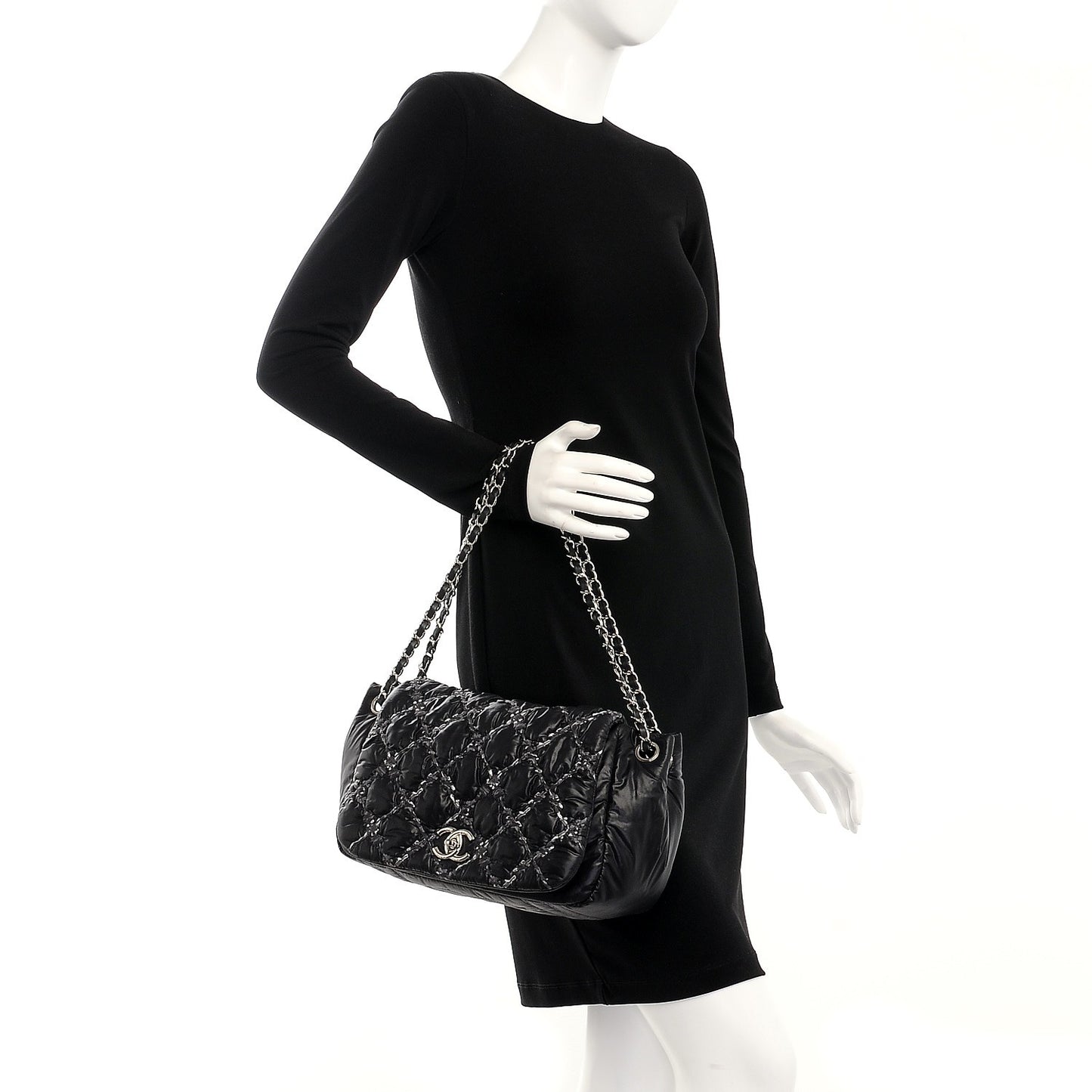 Nylon Quilted Tweed Stitch Bubble Flap Black
