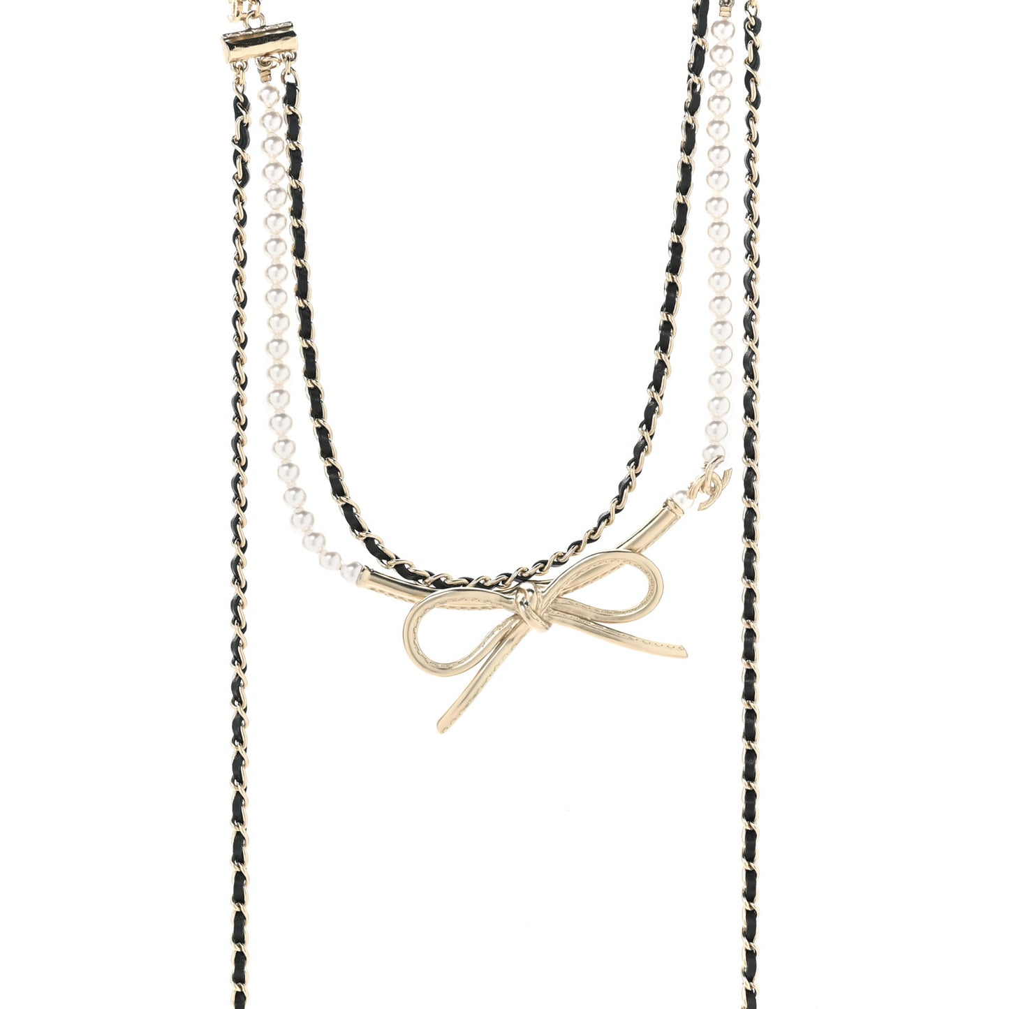 Calfskin Pearl Metal CC Bow Necklace Gold White Black