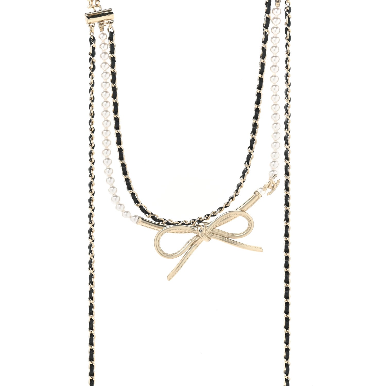 Chanel Calfskin Pearl Metal CC Bow Necklace Gold White Black 1 of 5