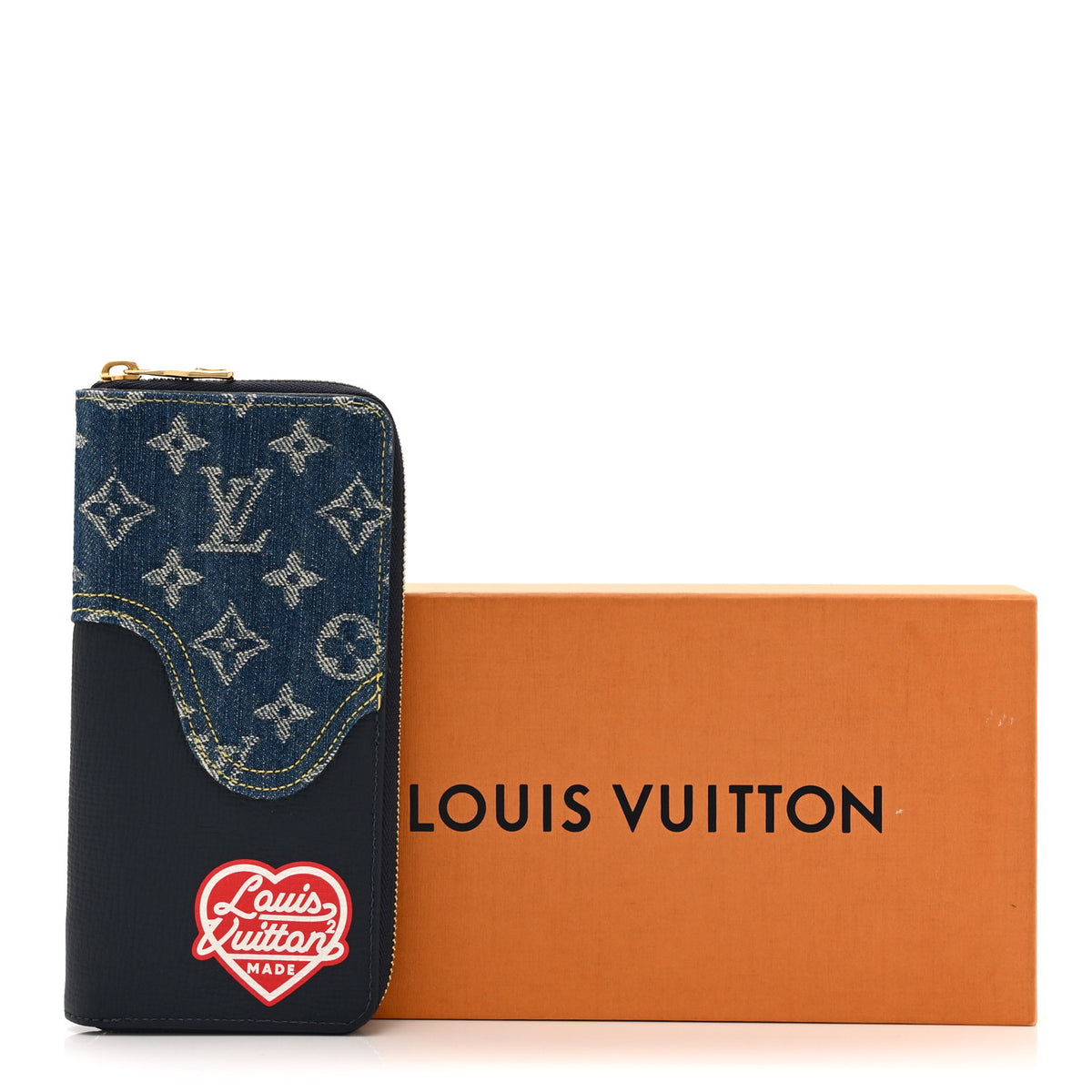 X NIGO Taurillon Monogram Denim Drip Zippy Vertical Wallet Blue