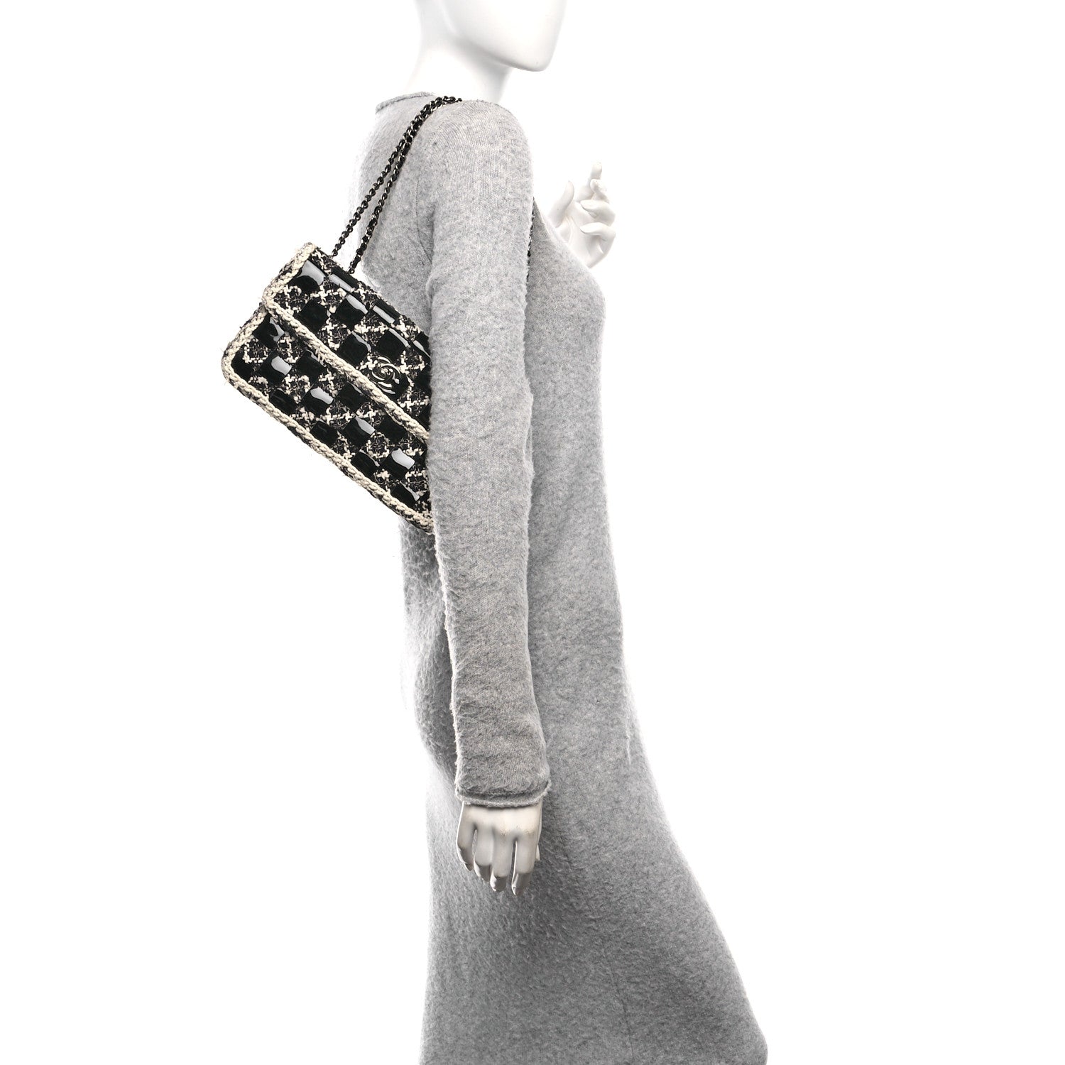 Chanel Tweed Patent Quilted Rectangular Flap Black White 2 of 10
