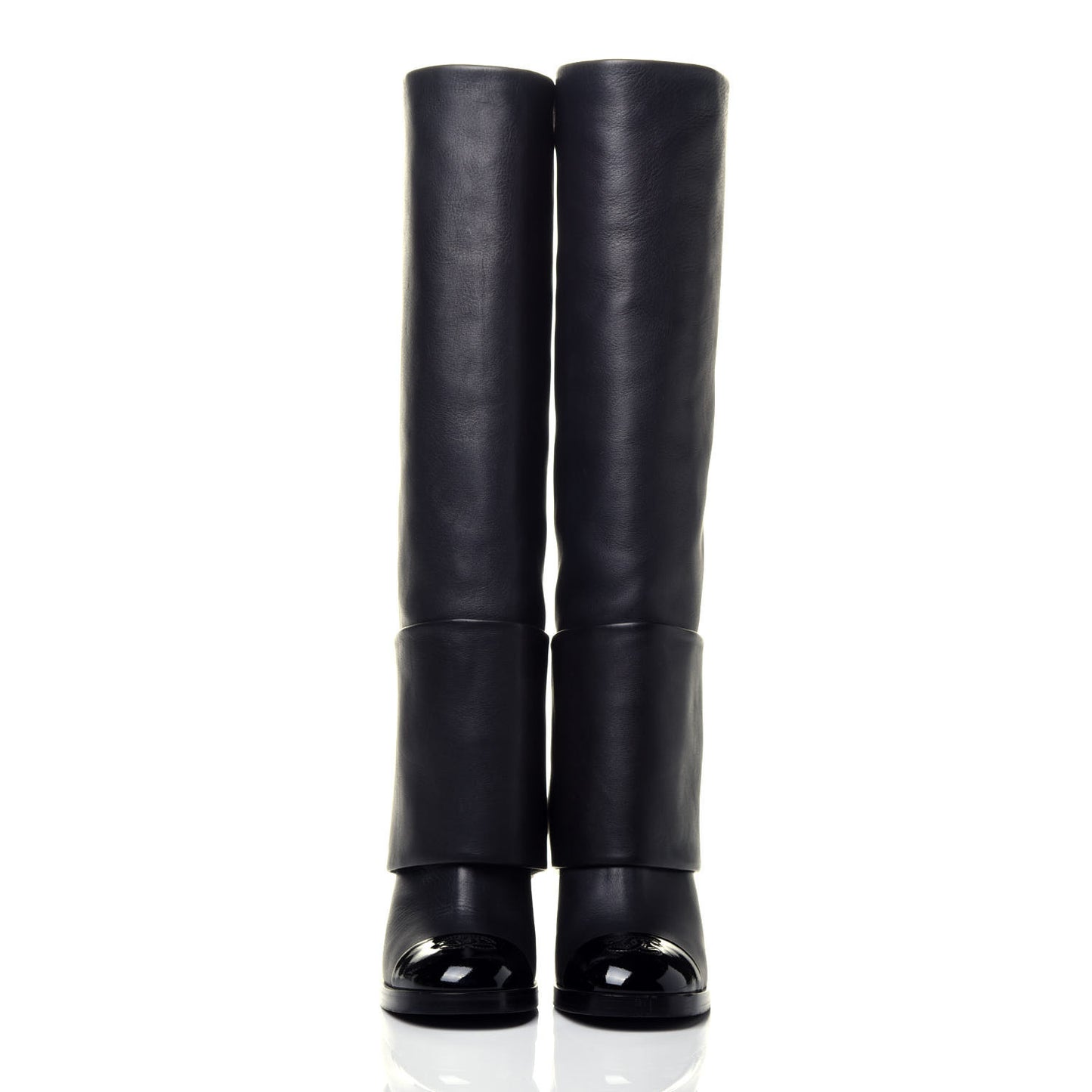 Calfskin Patent Calfskin CC Cap Toe Fold Over High Boots 36.5 Black