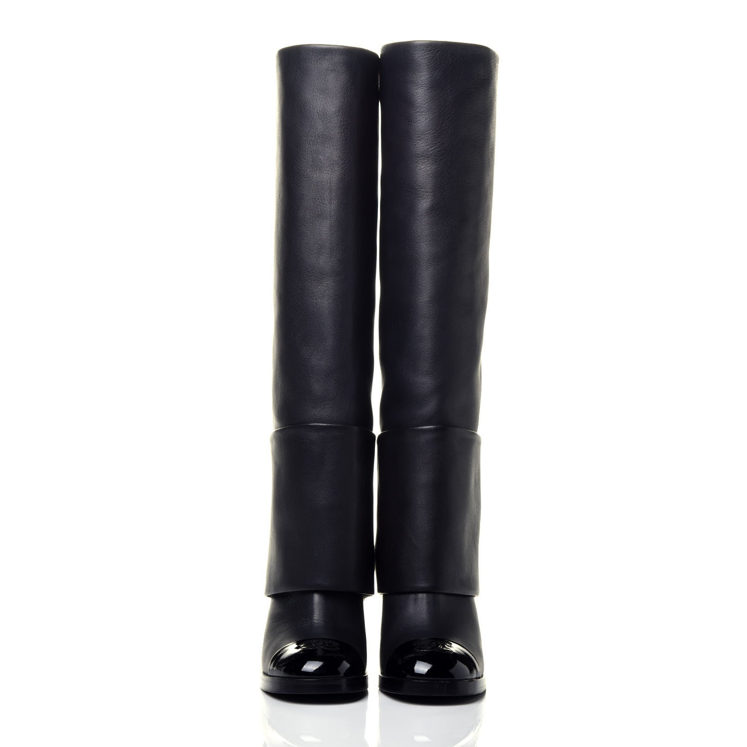 Chanel Calfskin Patent Calfskin CC Cap Toe Fold Over High Boots 36.5 Black 2 of 7