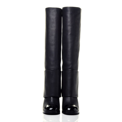 Chanel Calfskin Patent Calfskin CC Cap Toe Fold Over High Boots 36.5 Black 2 of 7