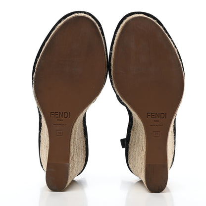 Fendi Canvas FF Embroidered Roma Ankle Wrap Espadrille Wedges 38 Black 5 of 8