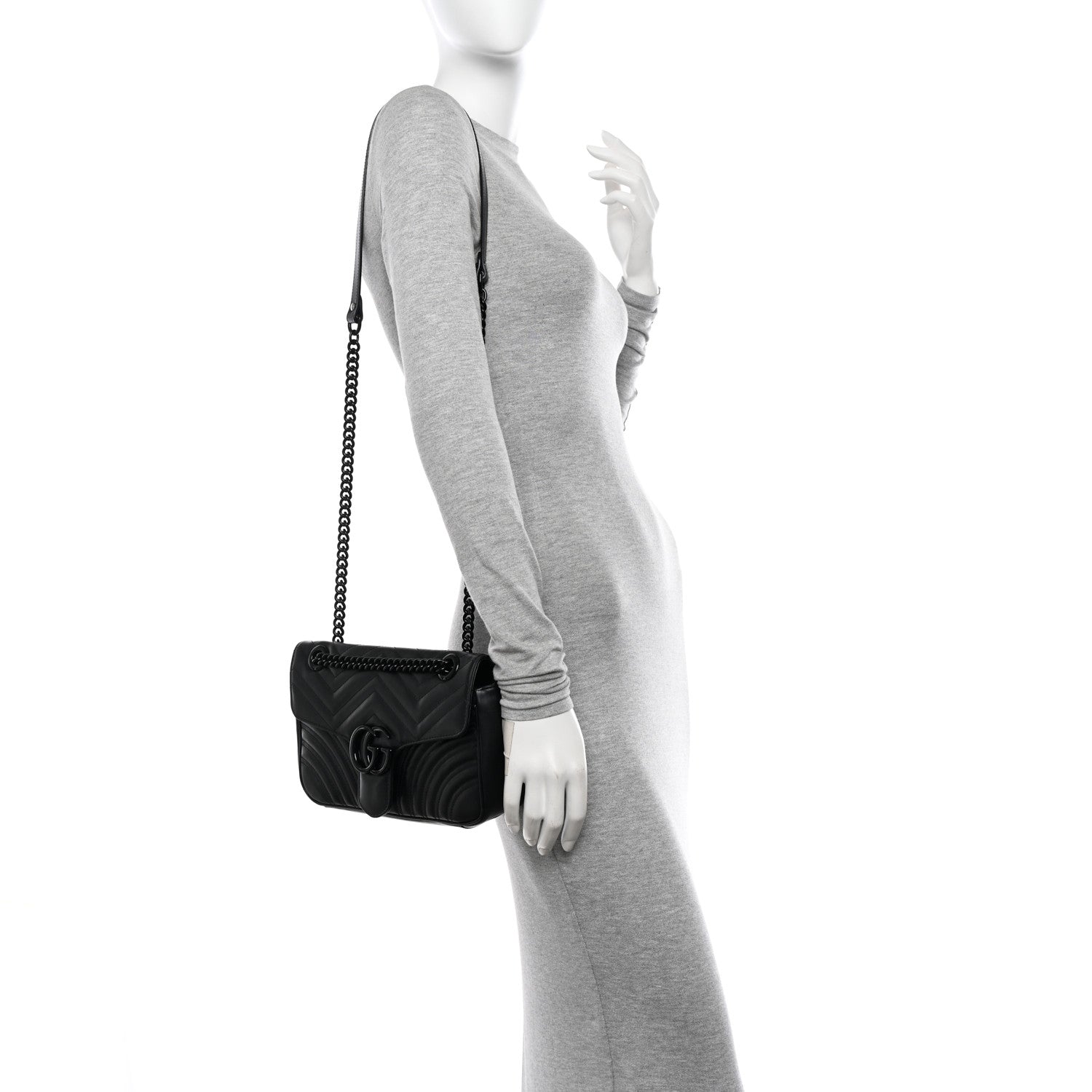 Gucci Calfskin Matelasse Monochrome Small GG Marmont Shoulder Bag Black 2 of 10