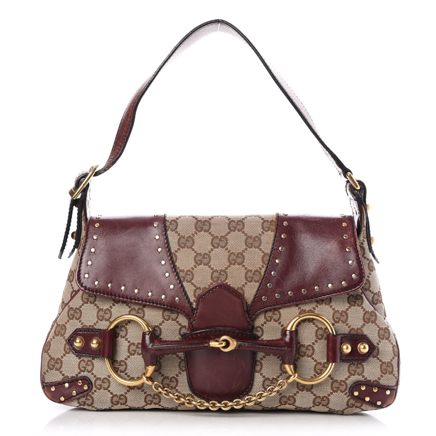 Gucci Monogram Horsebit Chain Studded Flap Burgundy 1 of 9