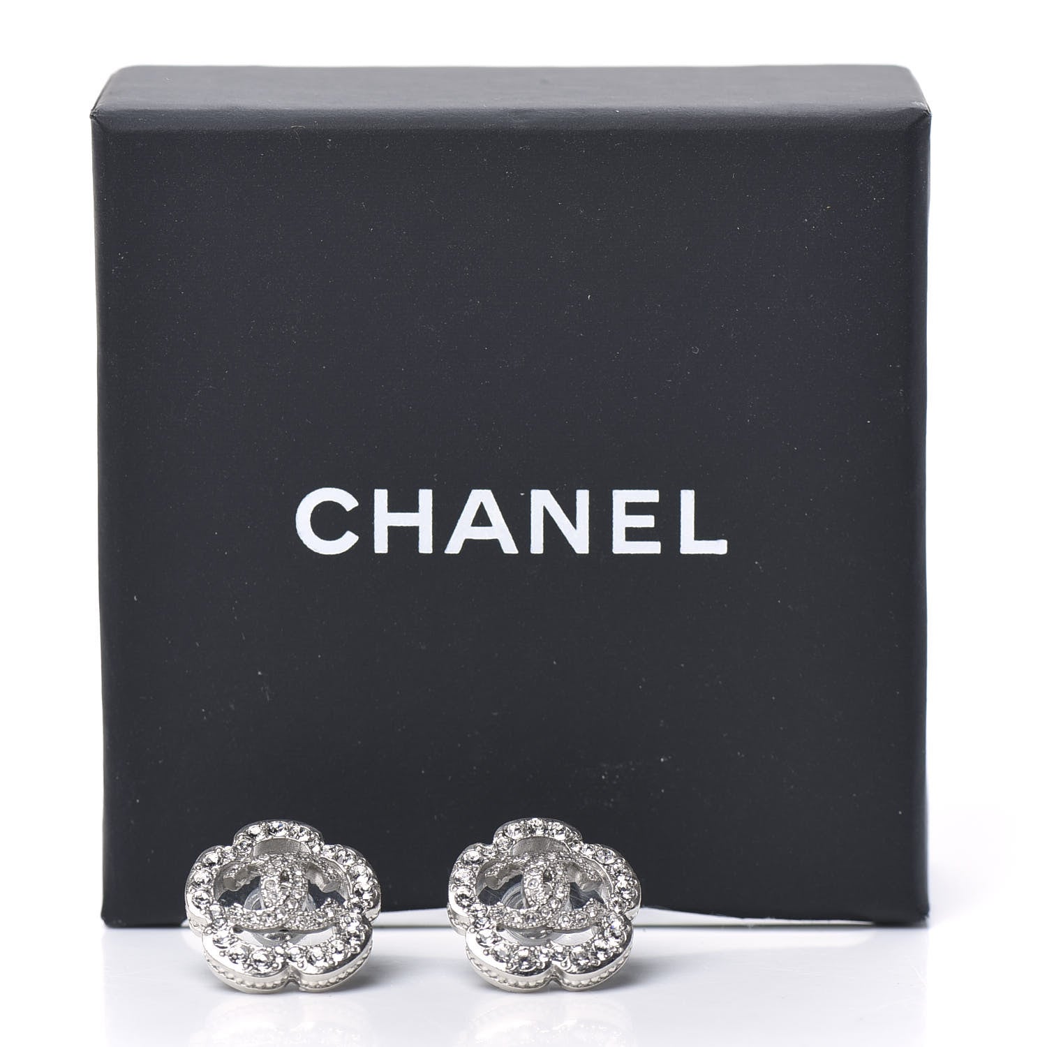 Chanel Crystal Coco Flapper Camellia CC Stud Earrings Silver 5 of 5
