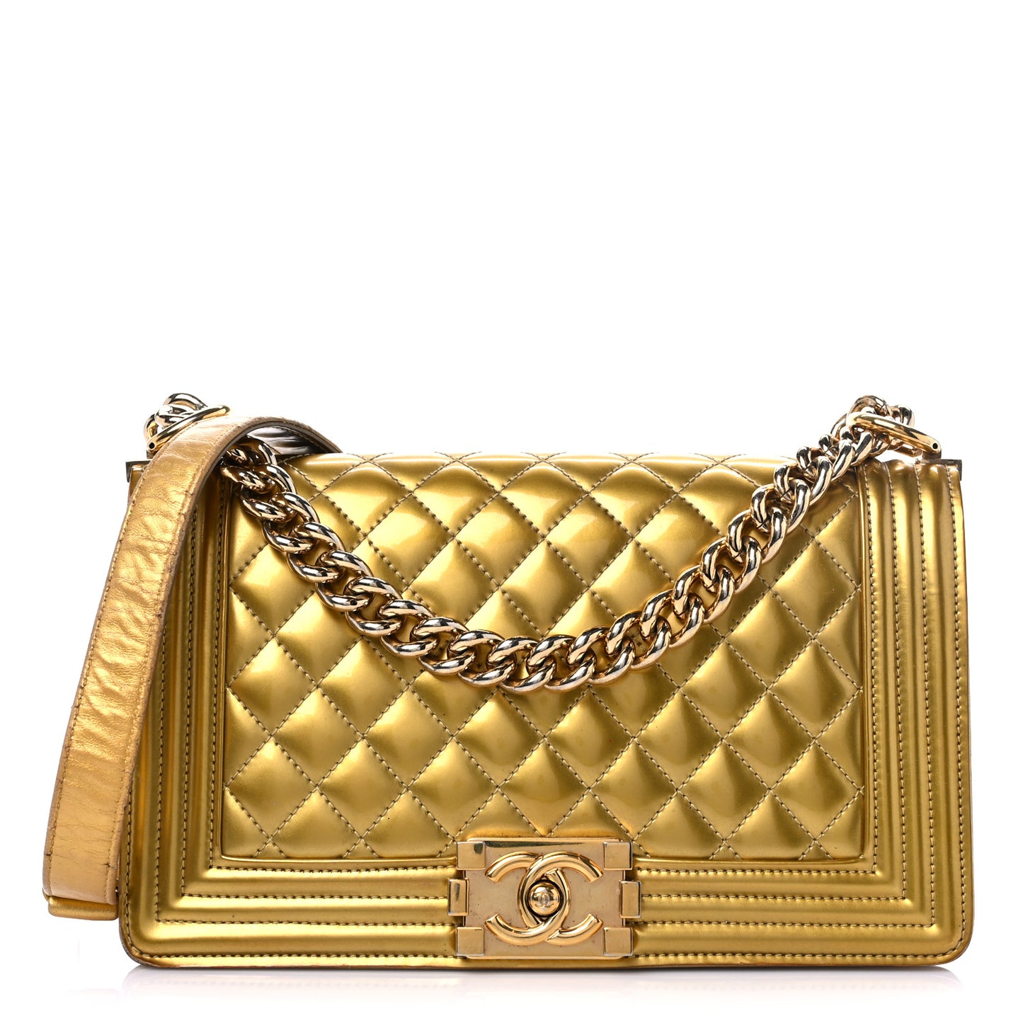Metallic Patent Calfskin Quilted Medium Boy Flap Gold