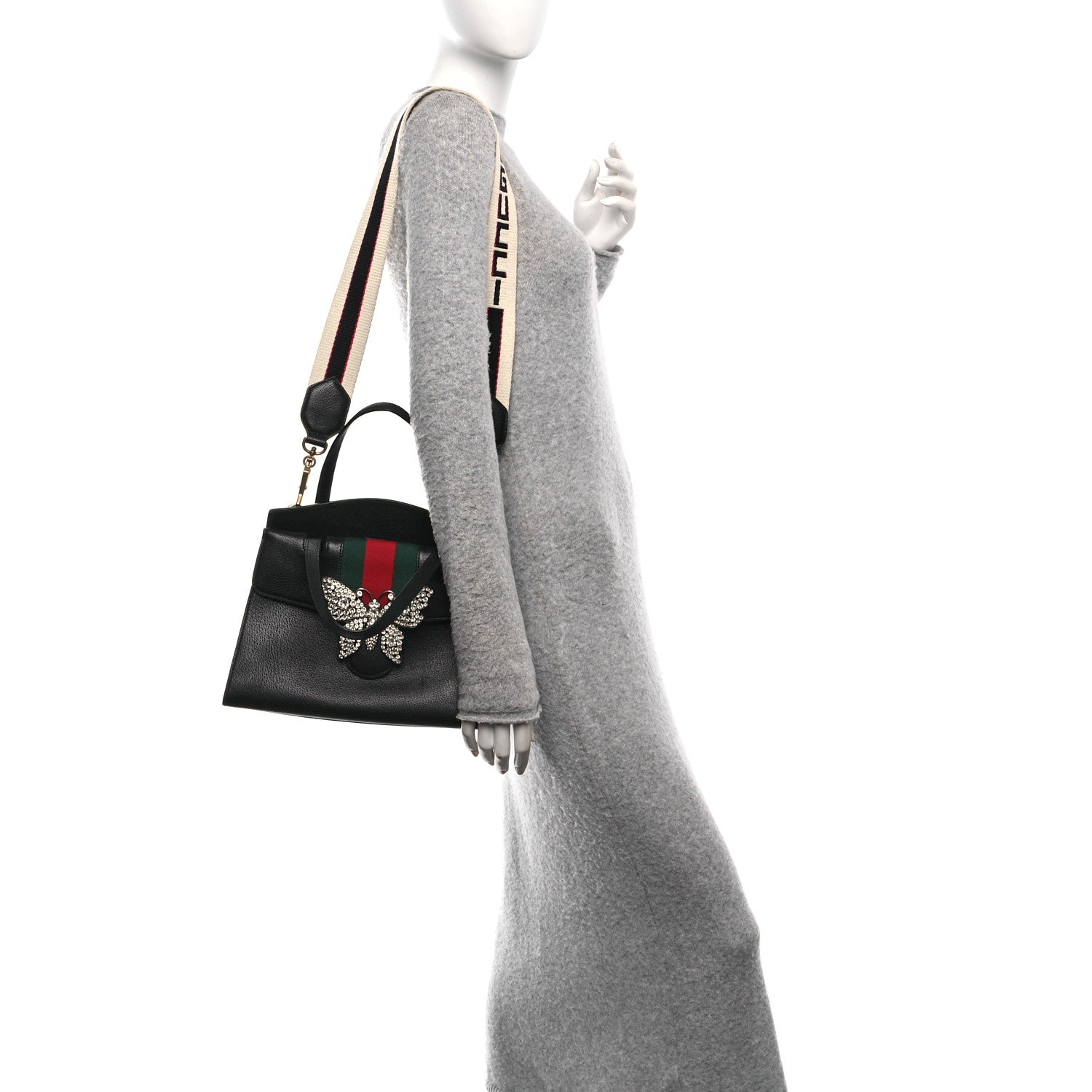 Gucci Grained Calfskin Web Crystal Butterfly Stripe Medium Totem Top Handle Bag Black 2 of 10