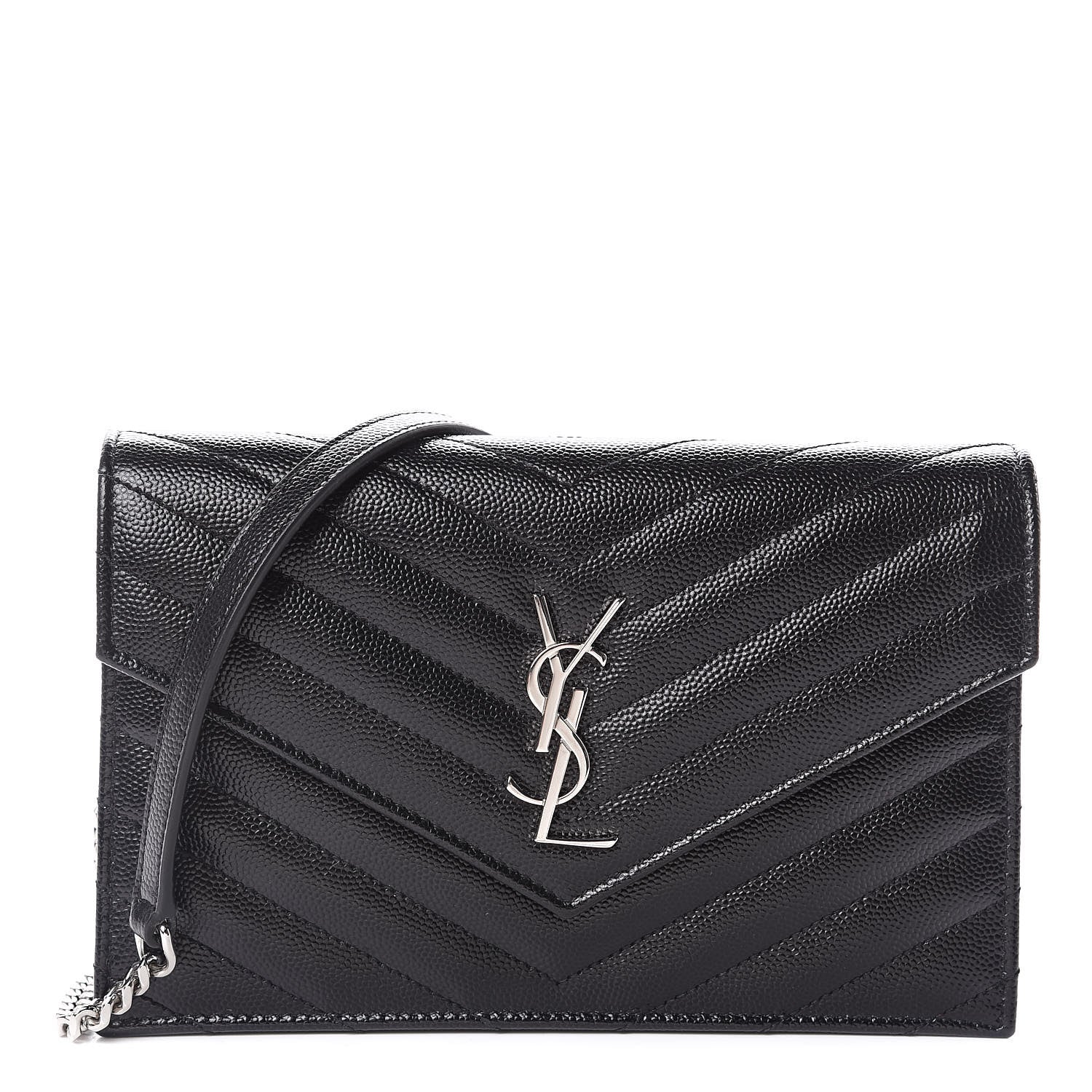 Saint Laurent Grain De Poudre Matelasse Chevron Monogram Envelope Chain Wallet Black 1 of 10