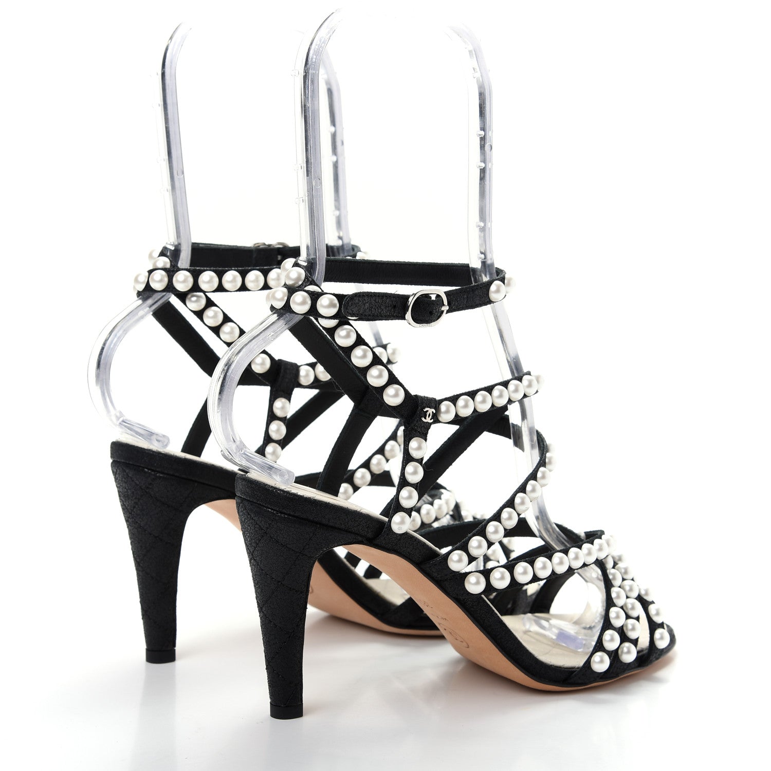 Chanel Crackled Lambskin Pearl Sandals 36.5 Black 4 of 10