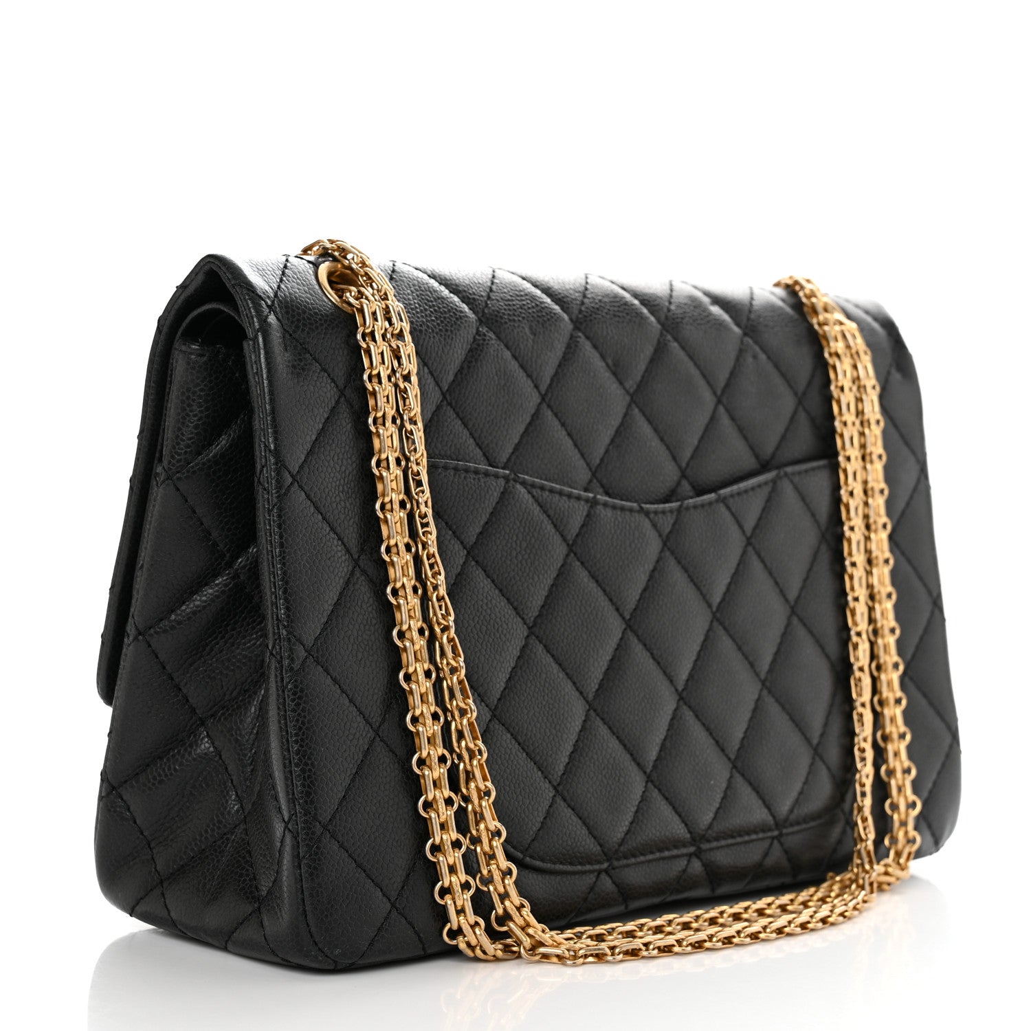 this is a front image of a CHANEL Caviar Quilted 2.55 Reissue 226 Flap bag in the color Black by FASHIONPHILE