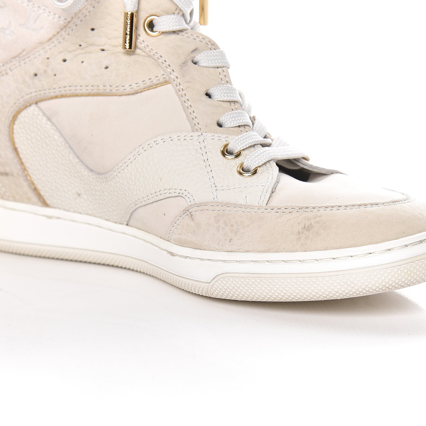 Calfskin Suede Monogram Cliff Top Wedge Sneakers 38 Ivory