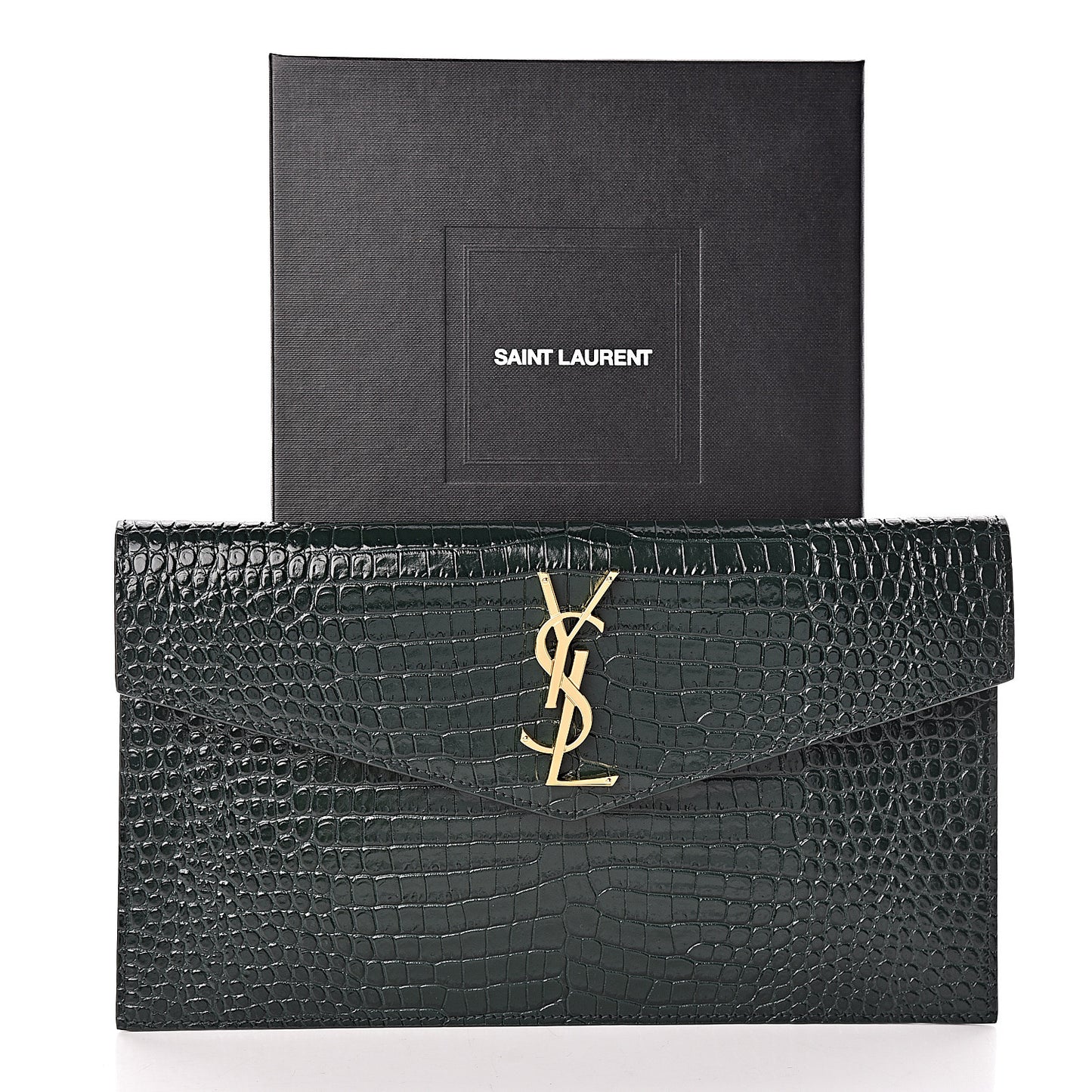 Calfskin Crocodile Embossed Uptown Monogram Clutch Dark Mint