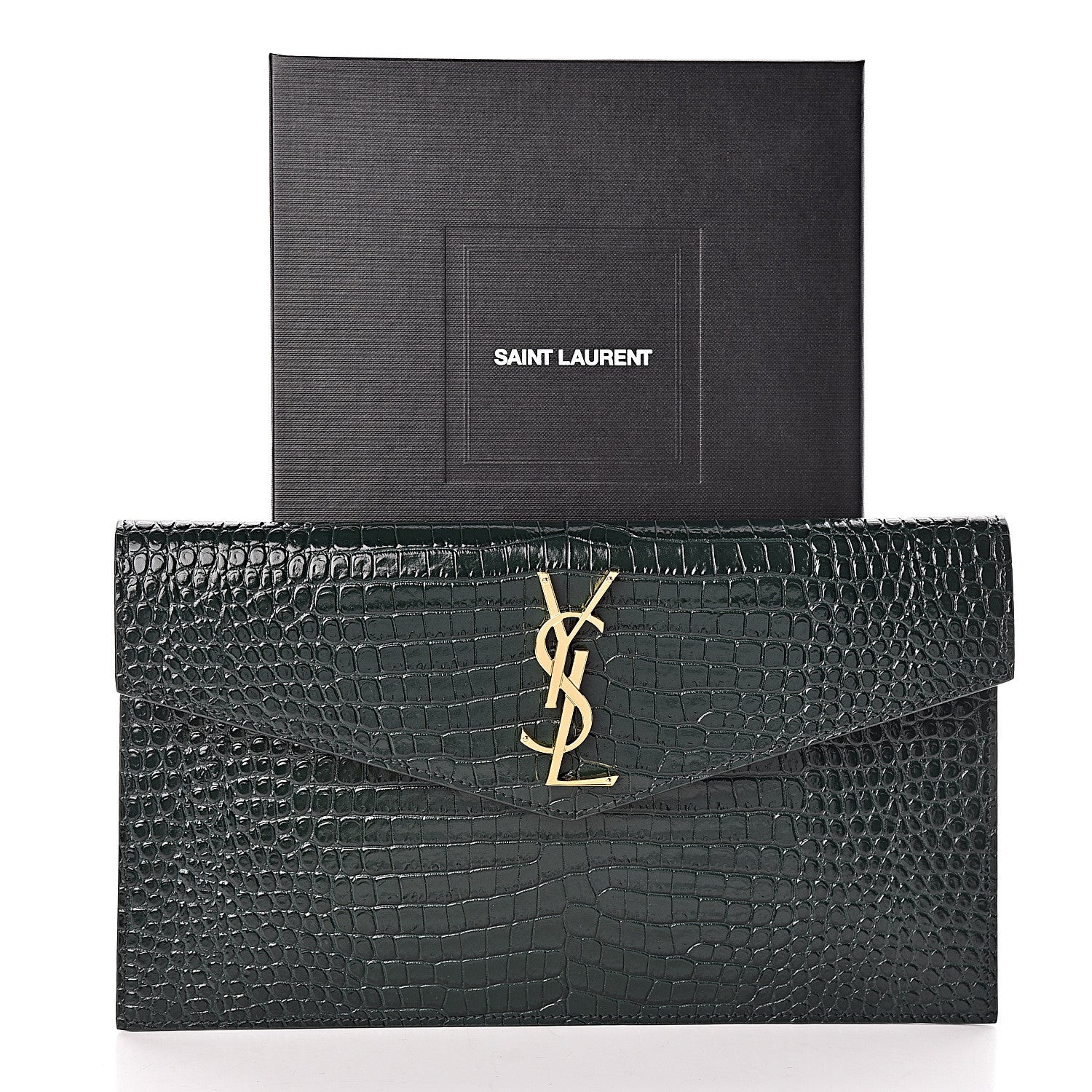 Saint Laurent Calfskin Crocodile Embossed Uptown Monogram Clutch Dark Mint 7 of 7