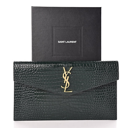 Saint Laurent Calfskin Crocodile Embossed Uptown Monogram Clutch Dark Mint 7 of 7