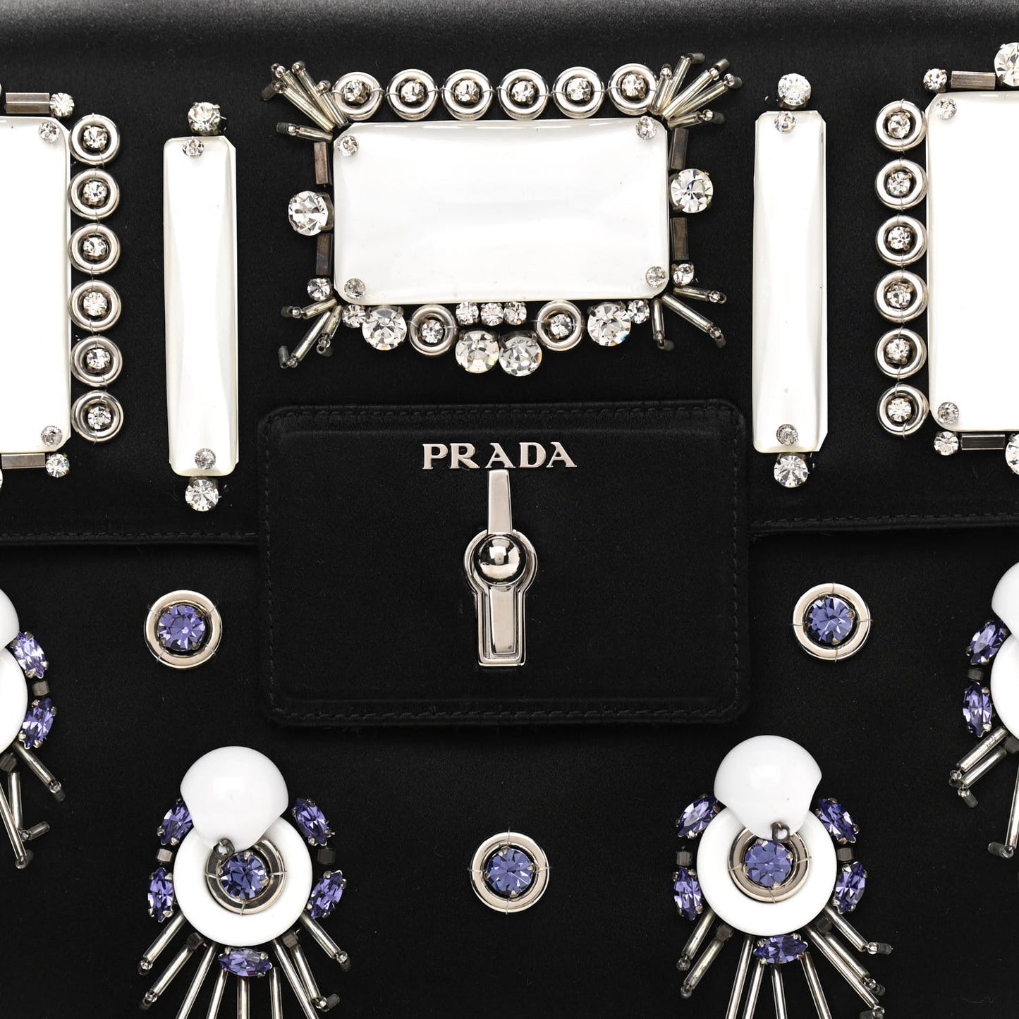 Satin Raso Crystal Embellished Ricamo Shoulder Bag Black