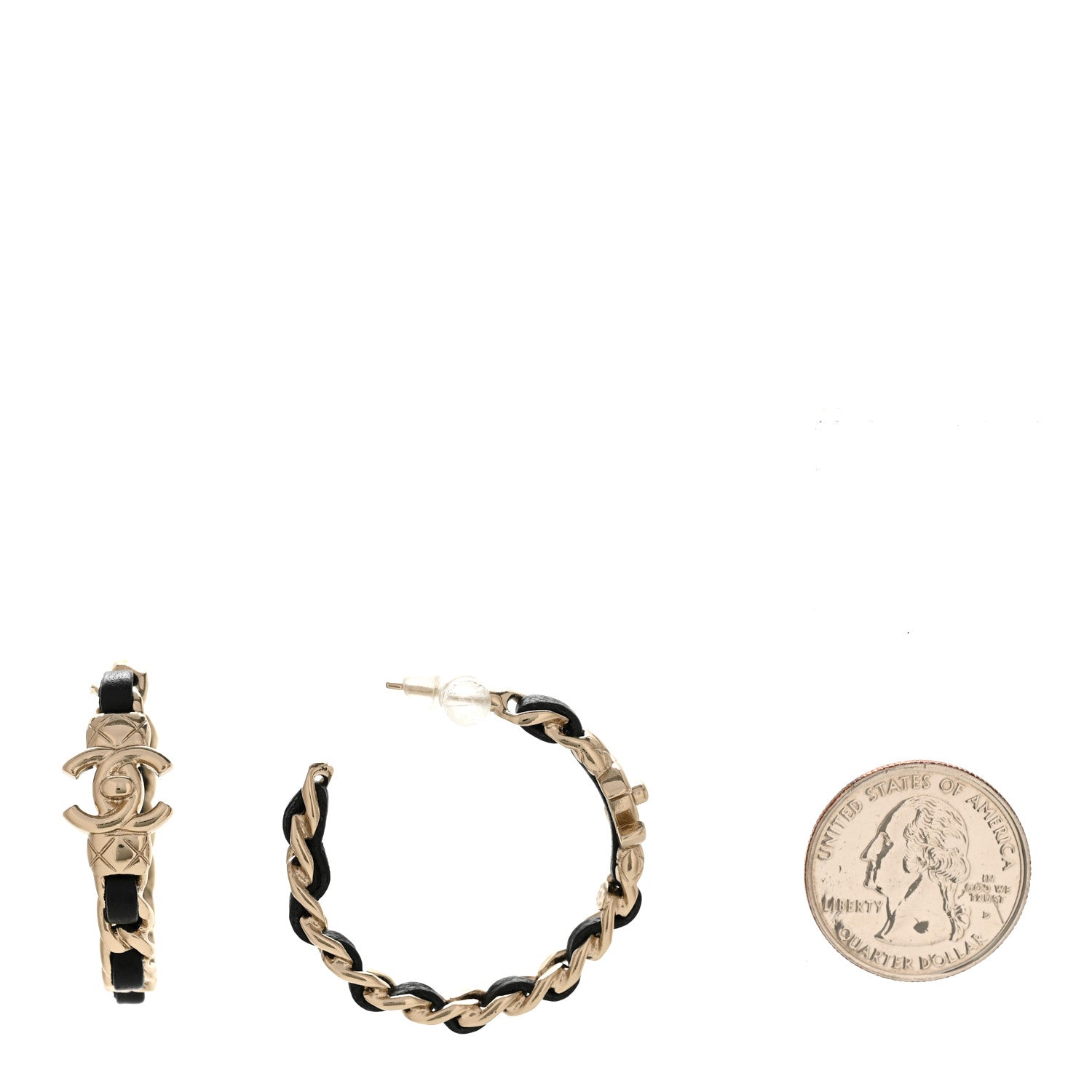 Chanel Metal Lambskin Quilted CC Turnlock Chain Hoop Earrings Gold Black 2 of 5