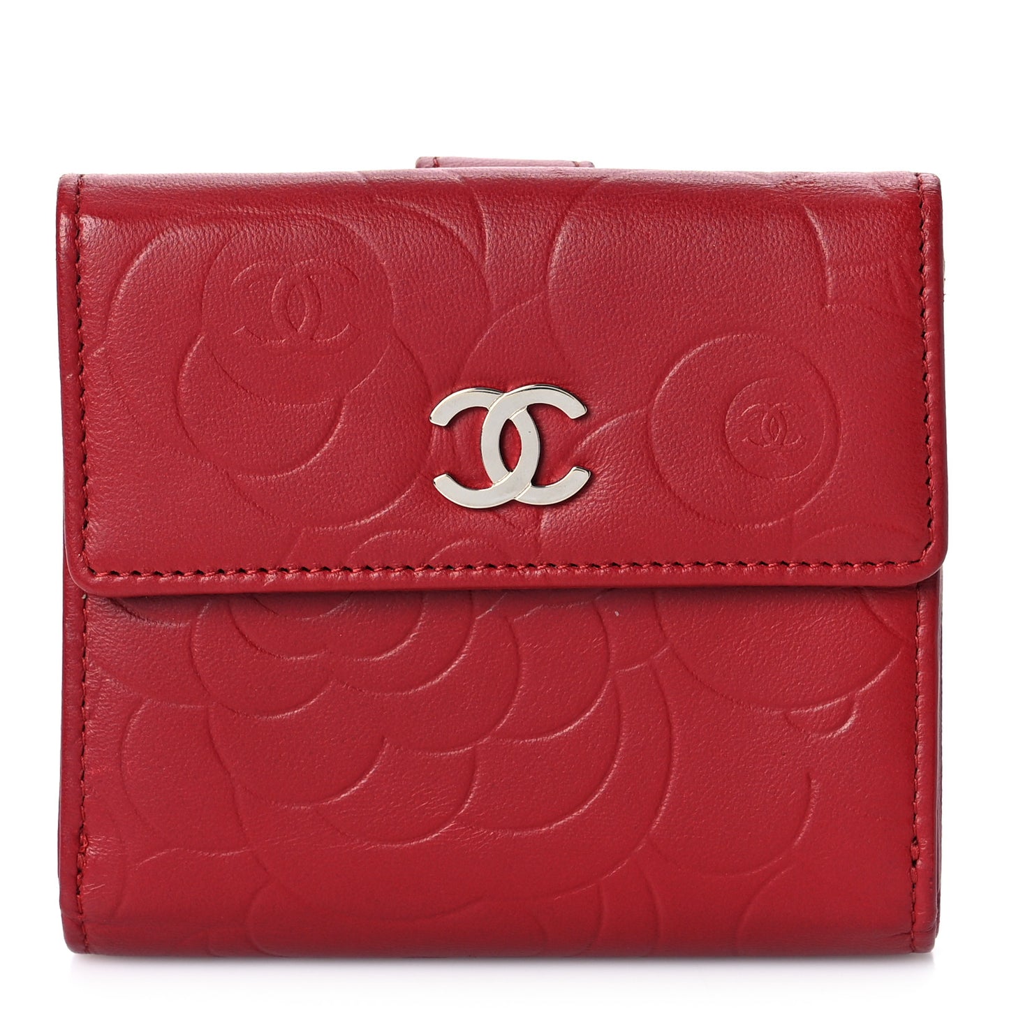 Lambskin Camellia Embossed Compact French Flap Wallet Red