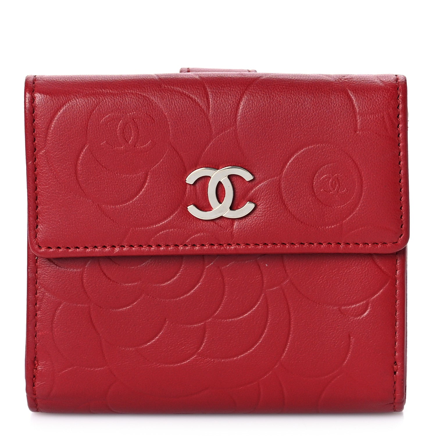 Chanel Lambskin Camellia Embossed Compact French Flap Wallet Red 1 of 12