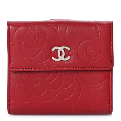 Chanel Lambskin Camellia Embossed Compact French Flap Wallet Red 1 of 12