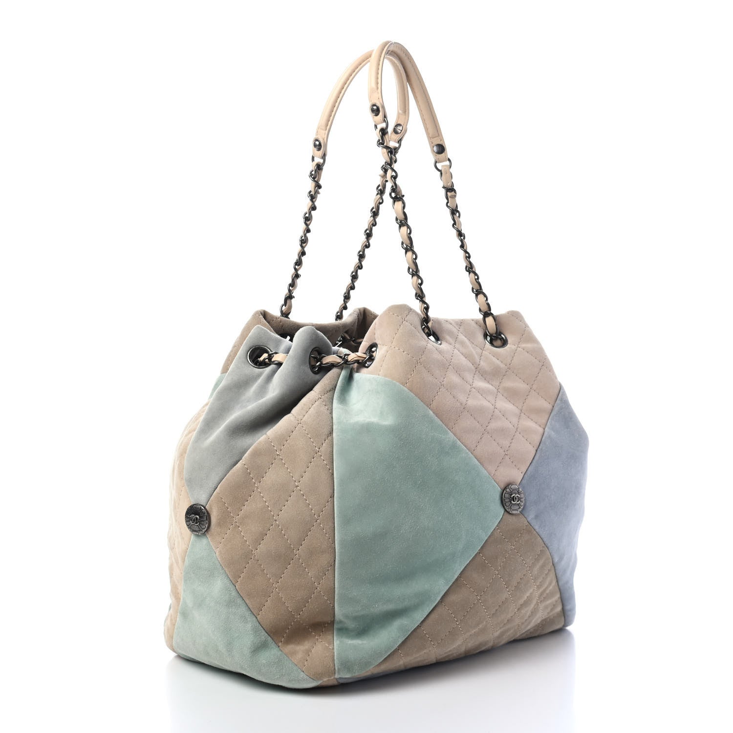Chanel Suede Calfskin Quilted Patchwork Drawstring Bag Blue Green Pink Beige 2 of 4